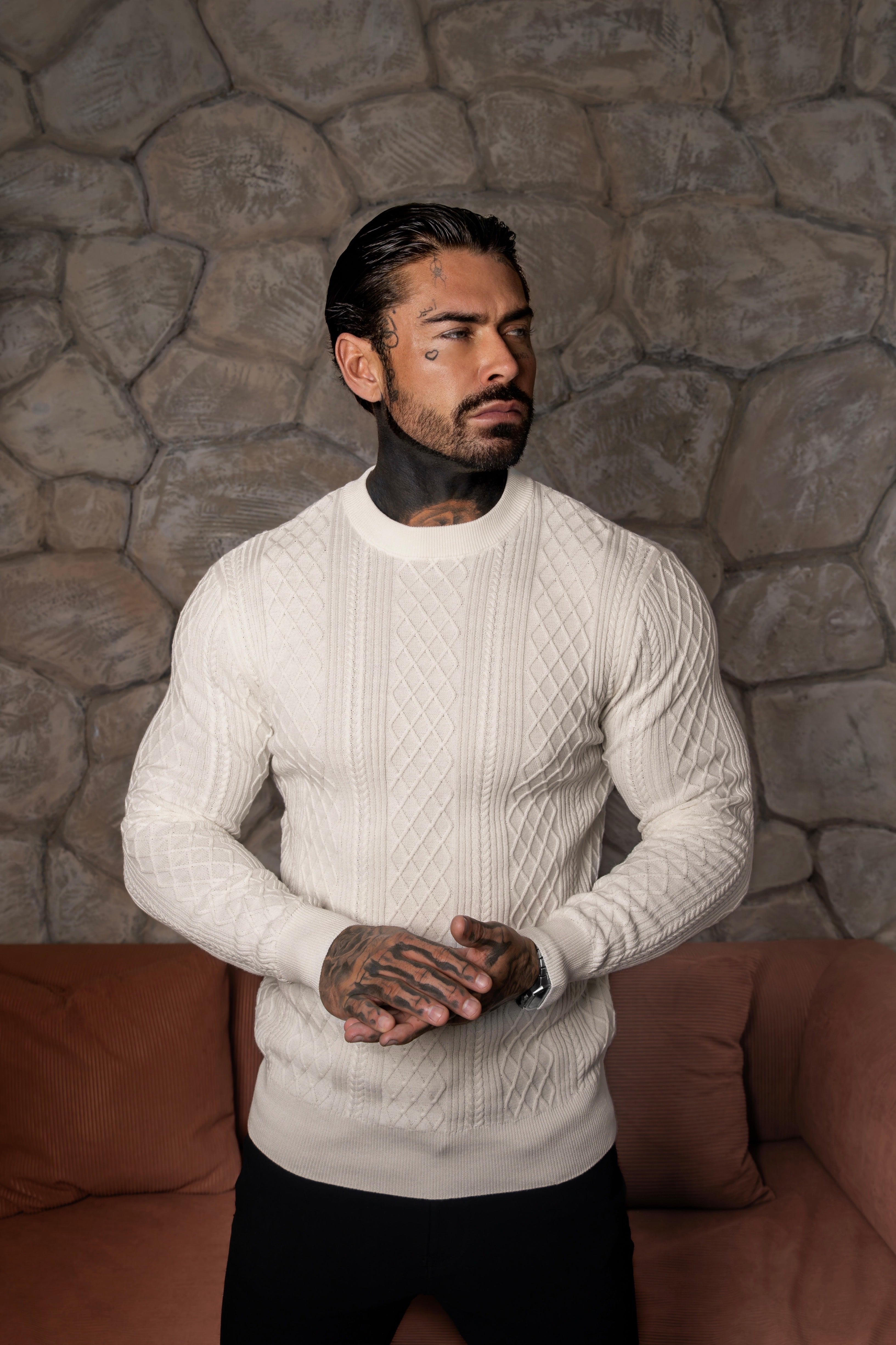Feinstrickpullover mit Rautenmuster, cremeweiß, langärmlig - FSA005