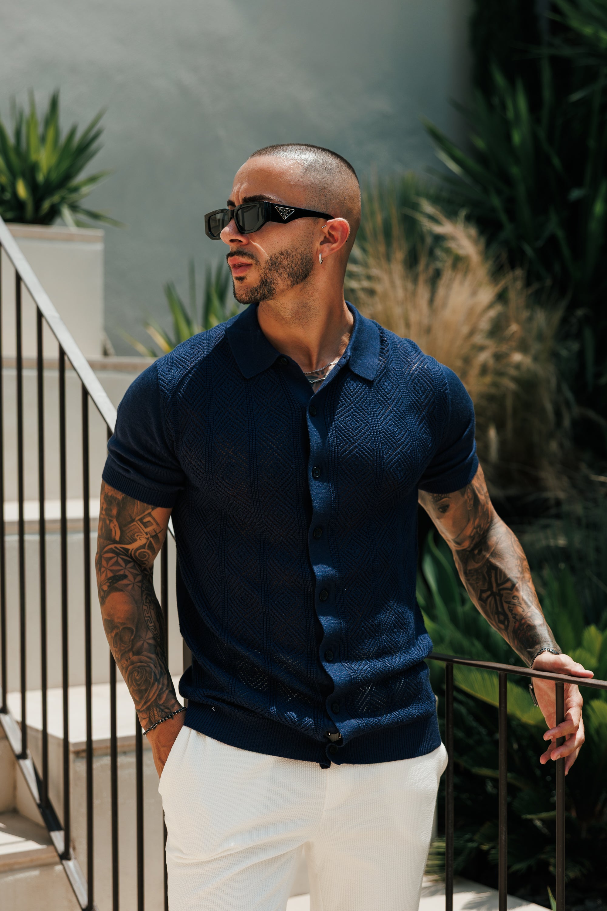 Navy Diamond Stripe Perforated Shirt Kurzarm - FSA023 (VORBESTELLUNG 31. AUGUST)