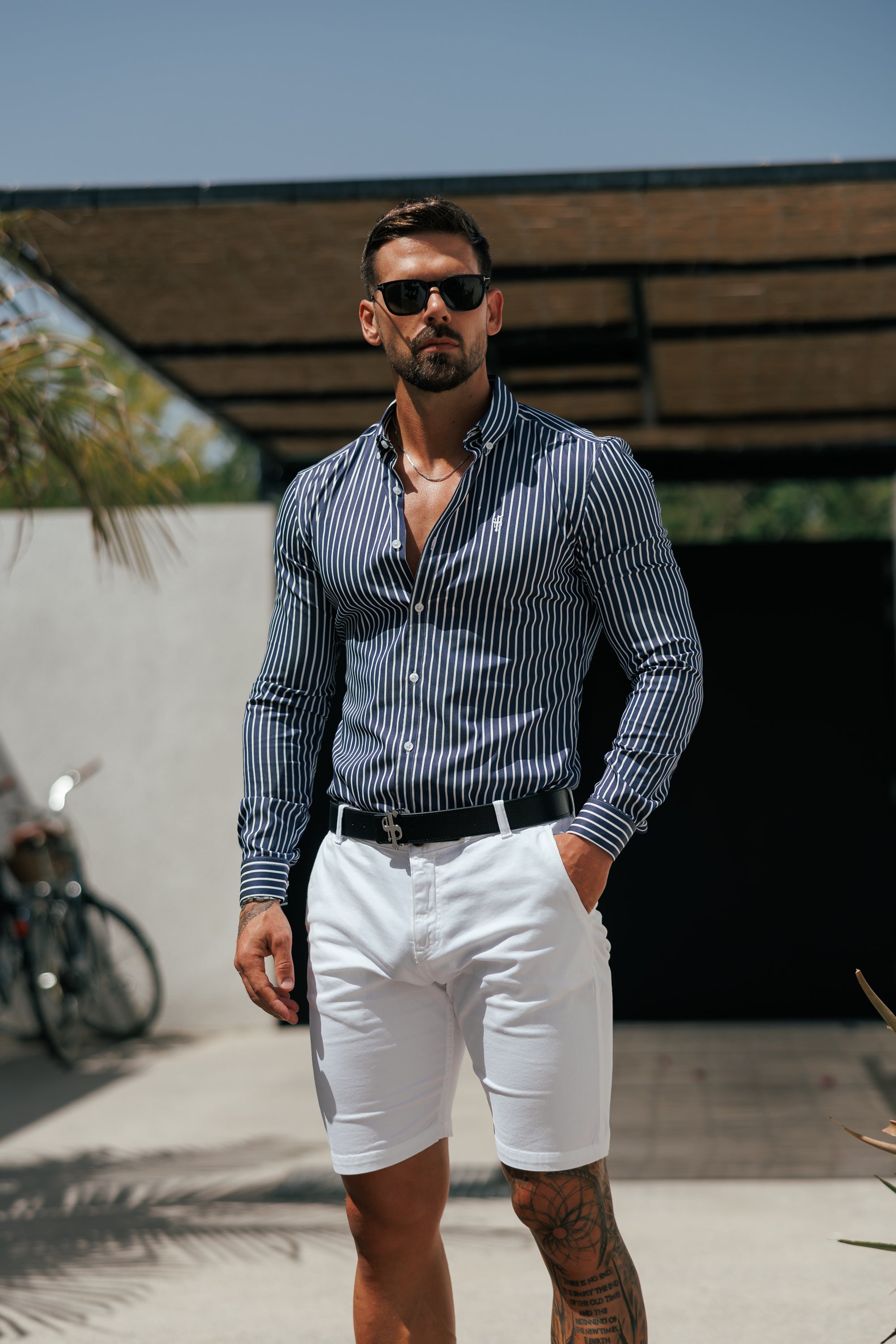 Super Slim Stretch Satin Touch Navy / White Mittelbreiter Streifen Langarm - FS1262 (VORBESTELLUNG 28. AUGUST)
