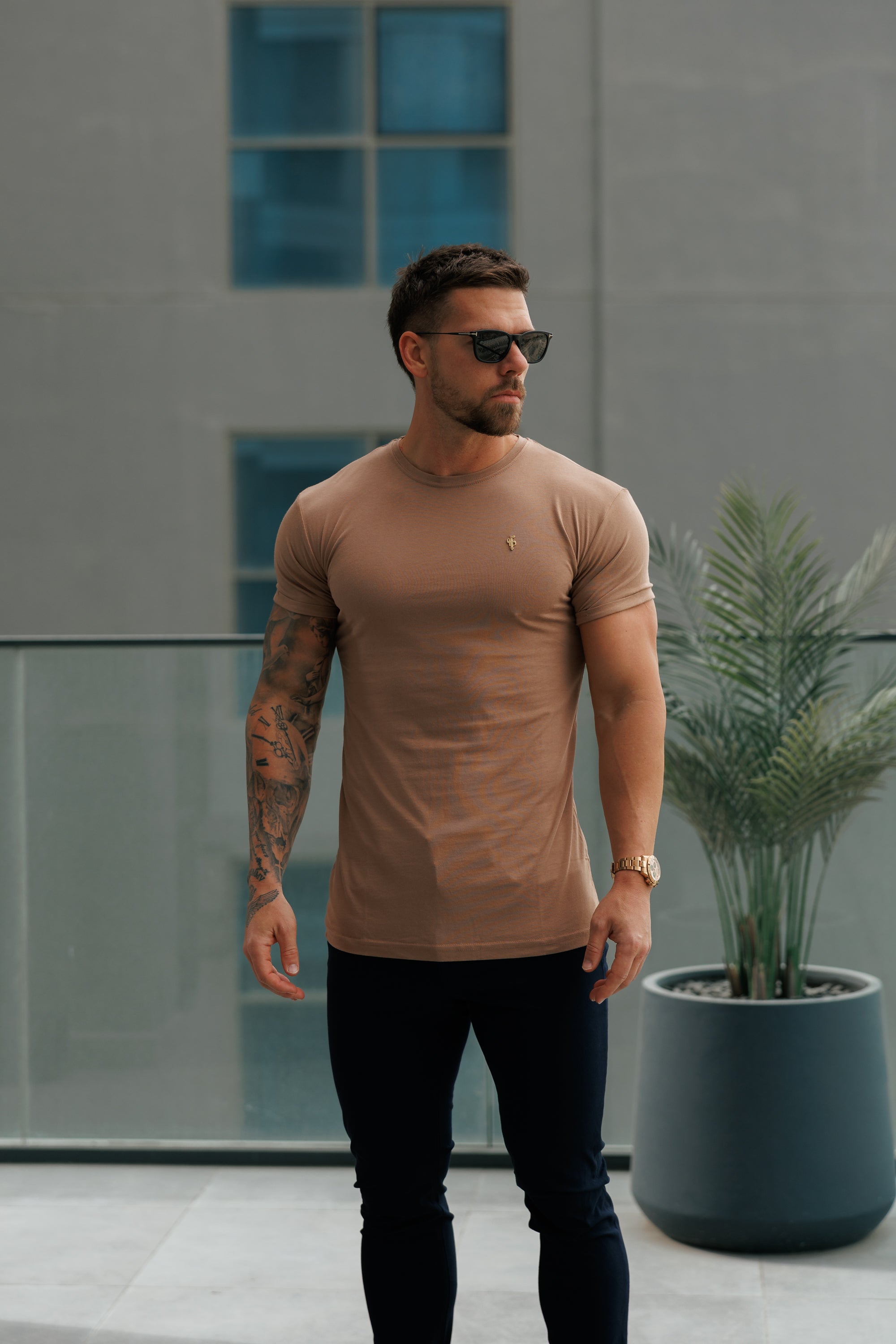 Kaffee/Goldenes Bambus-T-Shirt mit Rundhalsausschnitt - FSH1217