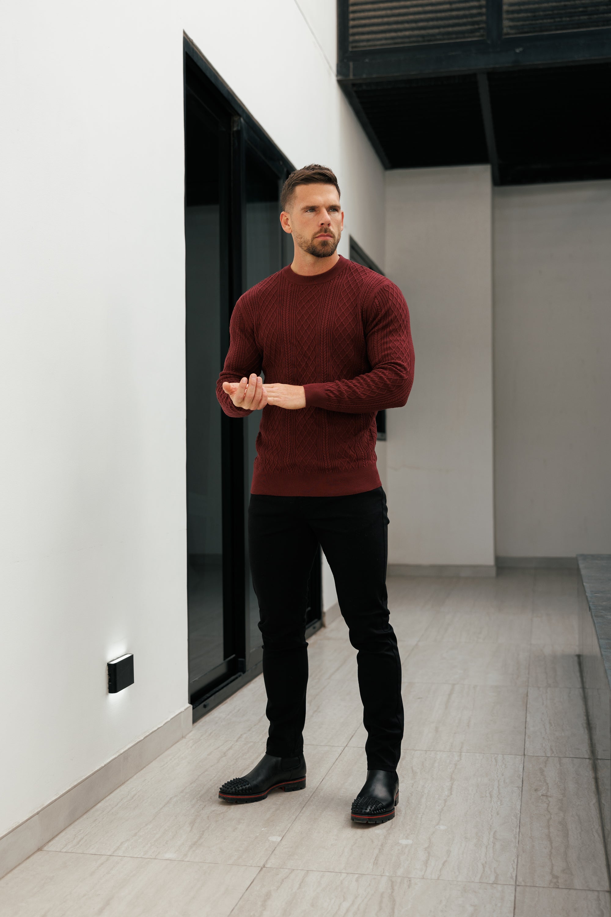 Feinstrickpullover mit Rautenmuster, burgunderrot, langärmlig - FSA008