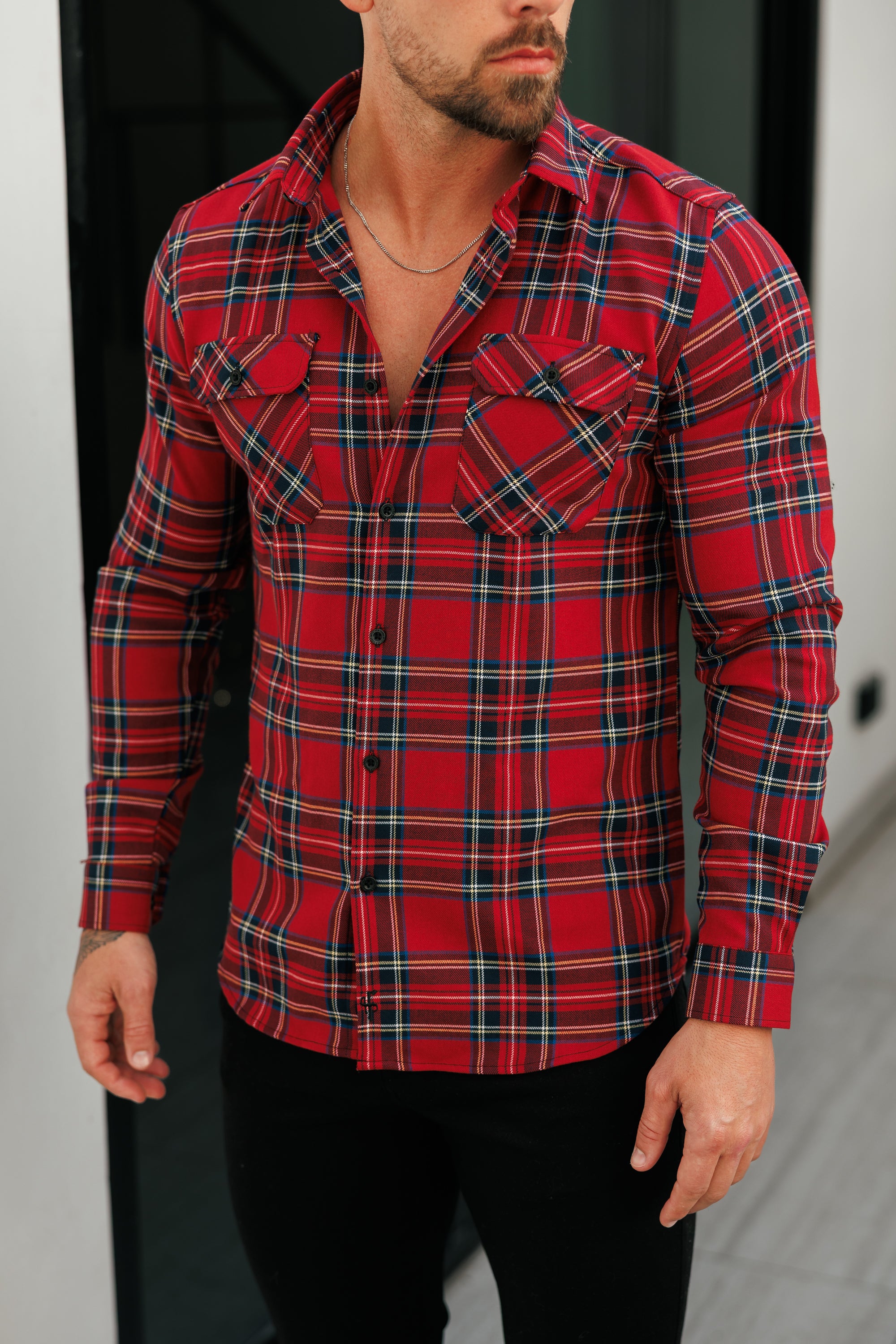 Rot-karierte Hemdjacke mit doppelten Taschen - FS1036