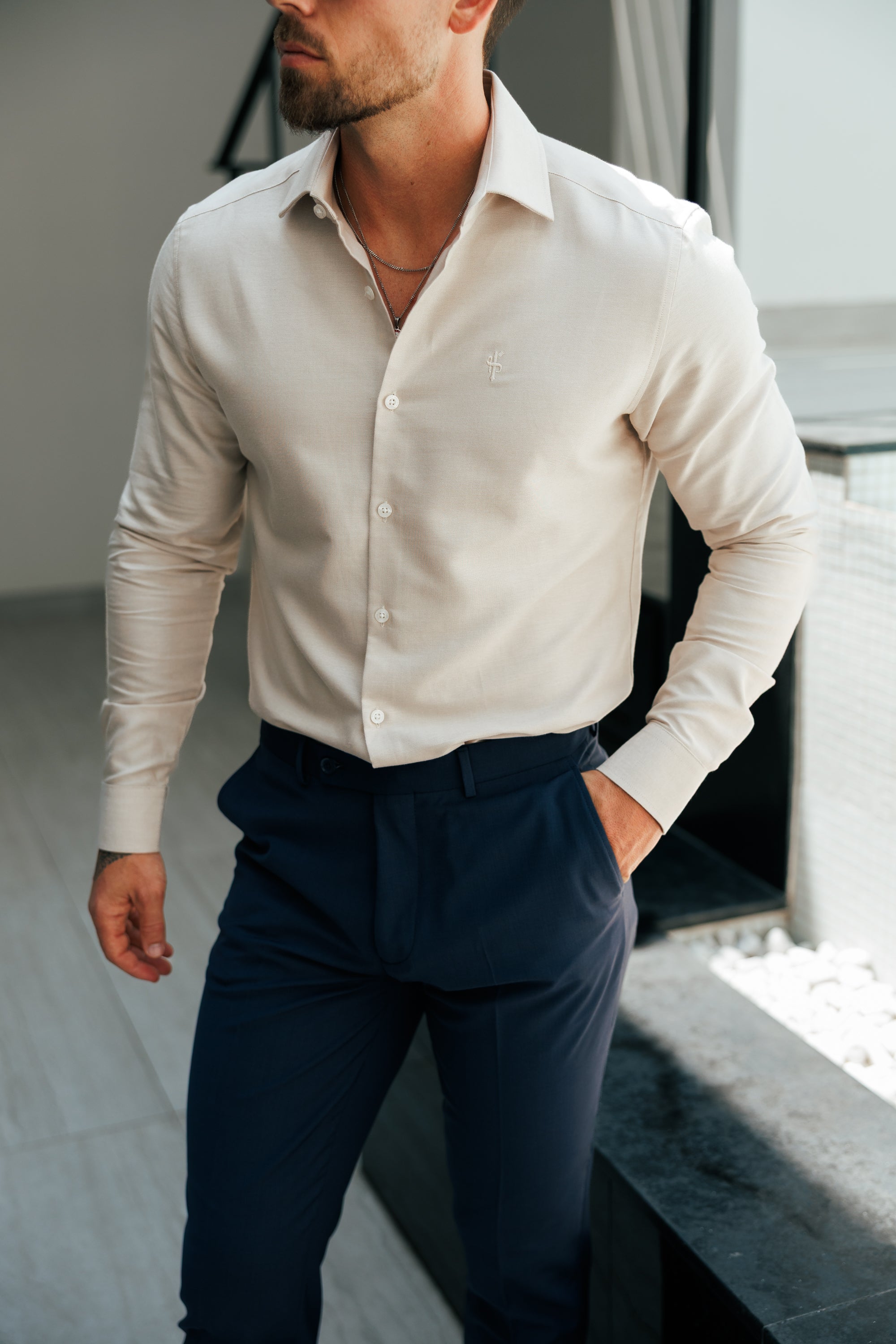 Classic Oxford Touch Long Sleeve Beige with Cutaway Collar - FS1175