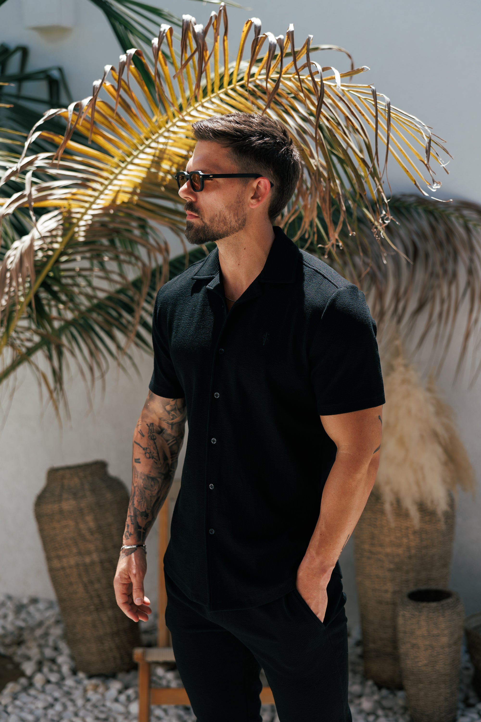 Jersey Cord Stretch Black Revere Shirt Short Sleeve - FSR070