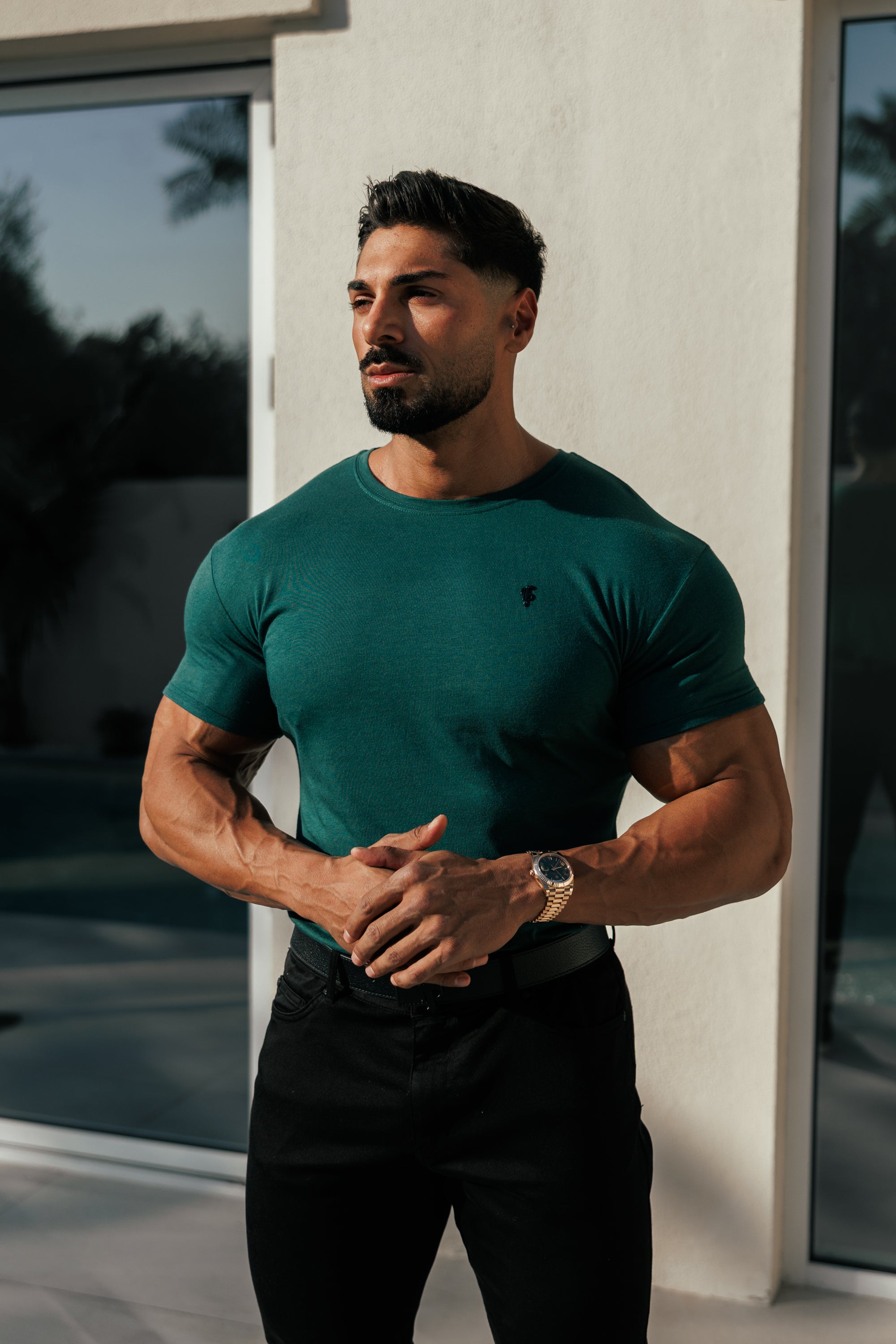 Waldgrünes/Schwarzes Bambus-T-Shirt mit Rundhalsausschnitt - FSH1213