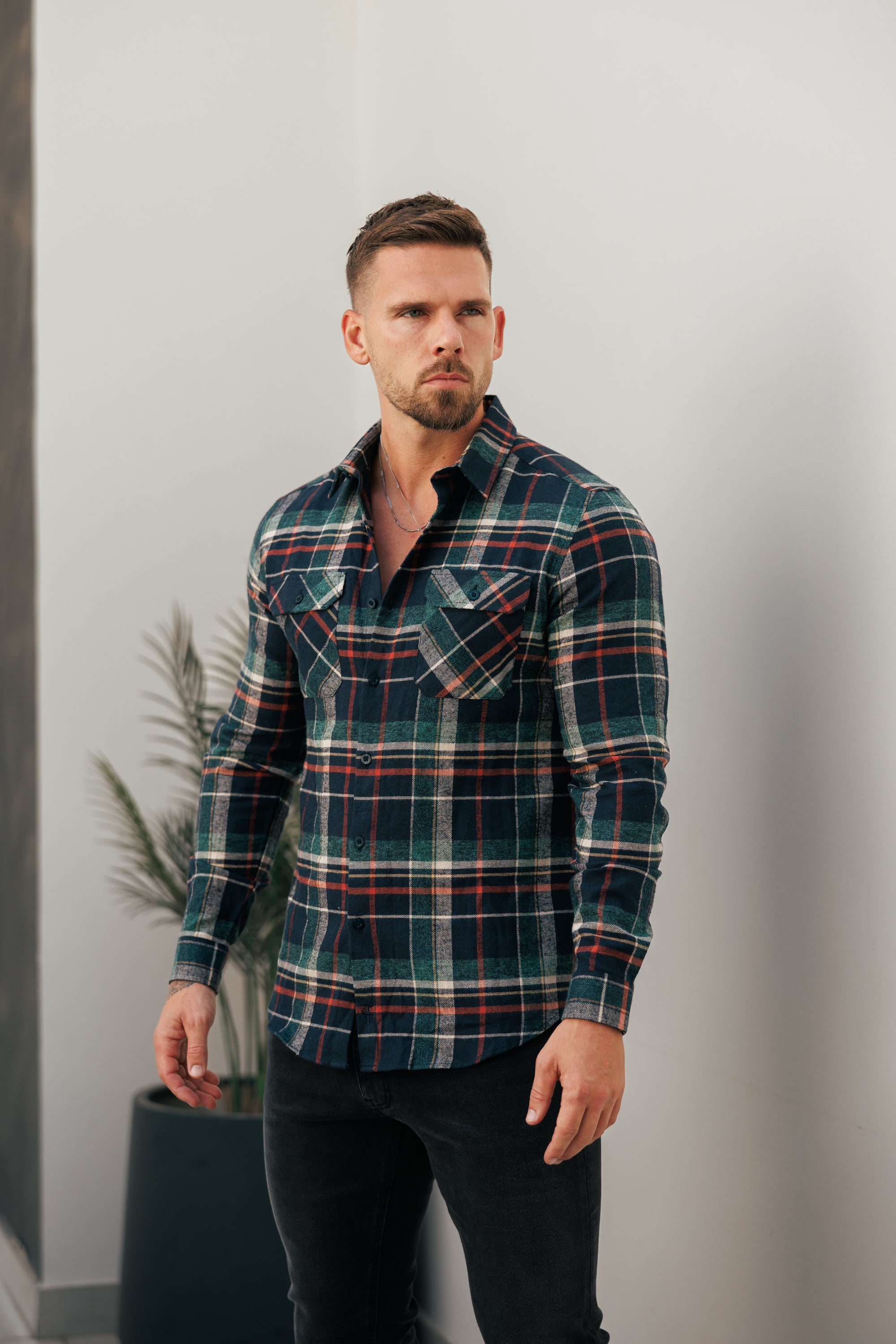 Marineblau/Grün/Rost karierte Hemdjacke mit Doppeltaschen - FS1198