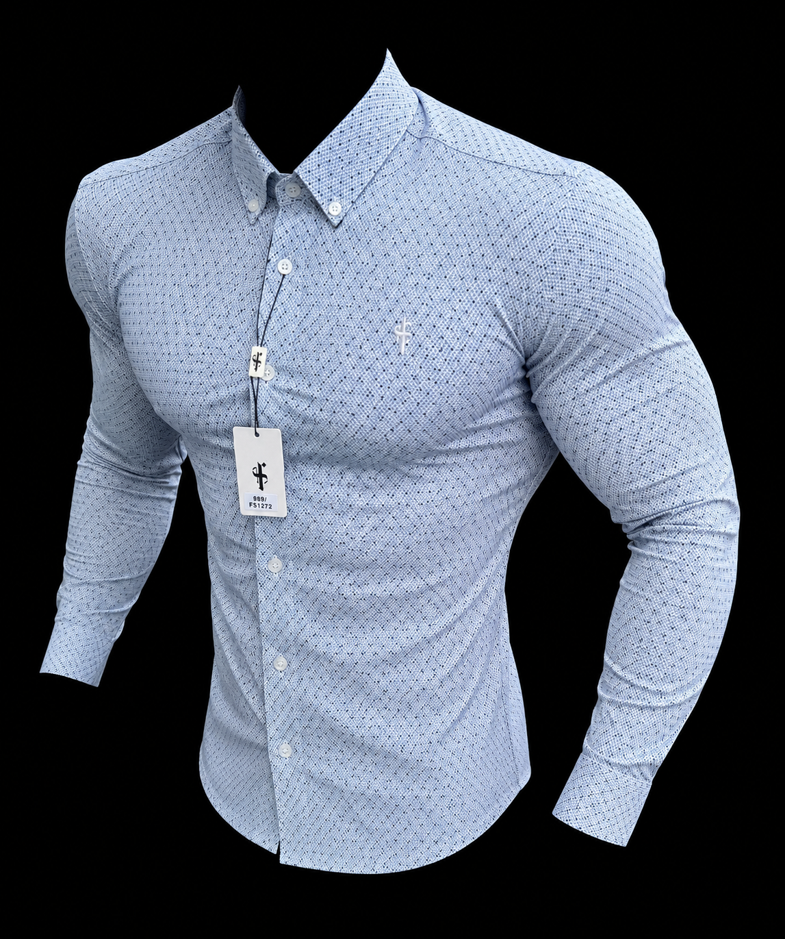 Ultra Stretch Grau / Blau Ditsy Abstract Hemd Langarm mit Button-Down-Kragen - FS1277