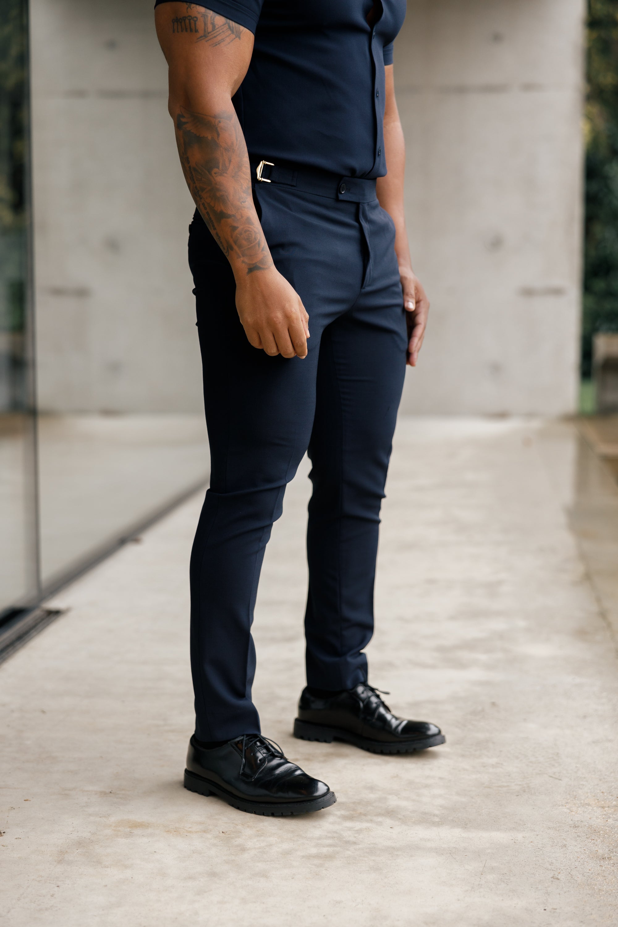 Slim Formal Navy Stretch Trousers With Gold Waist Adjusters - FST016