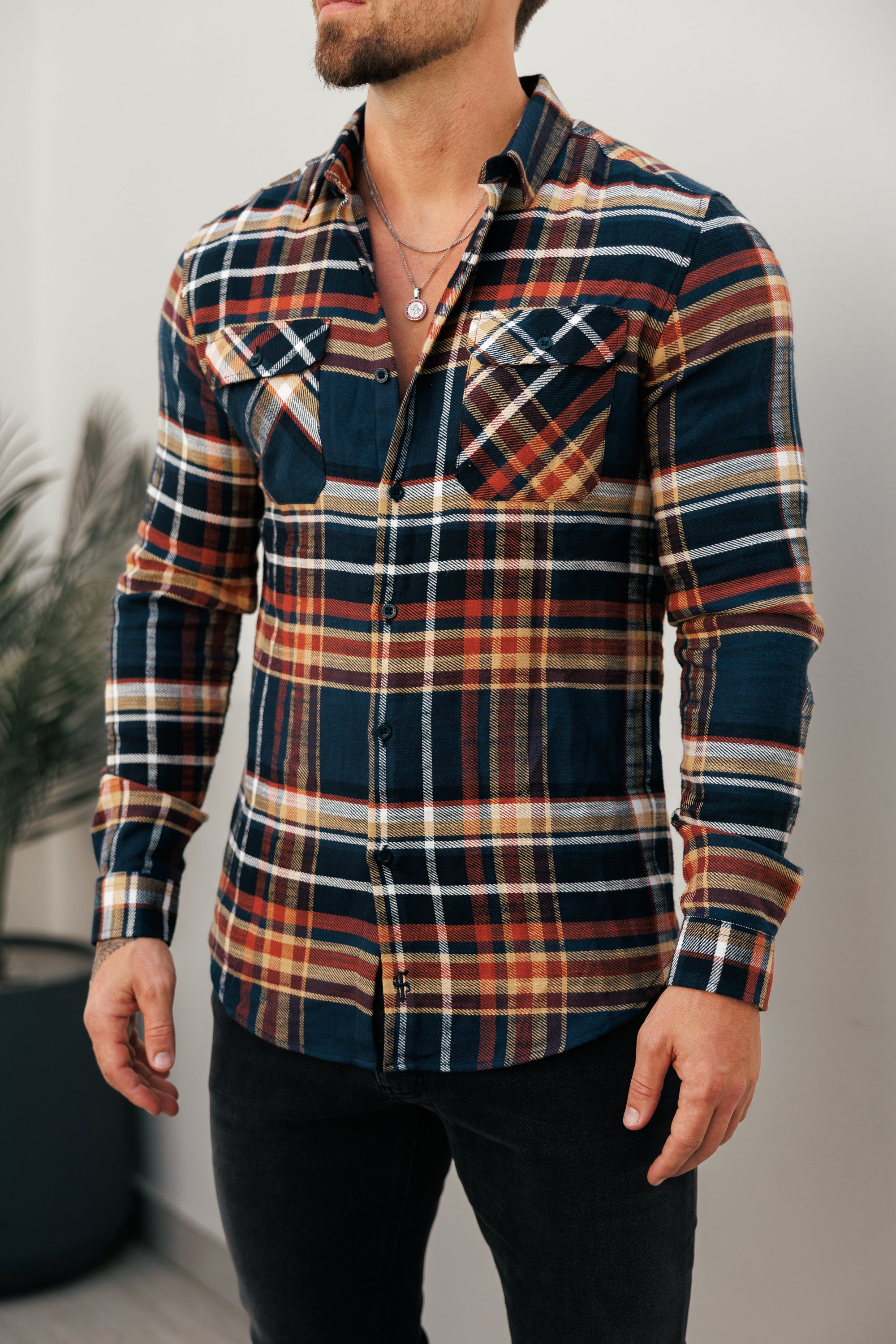 Marineblau/Hellbraun karierte Hemdjacke mit zwei Taschen - FS1197