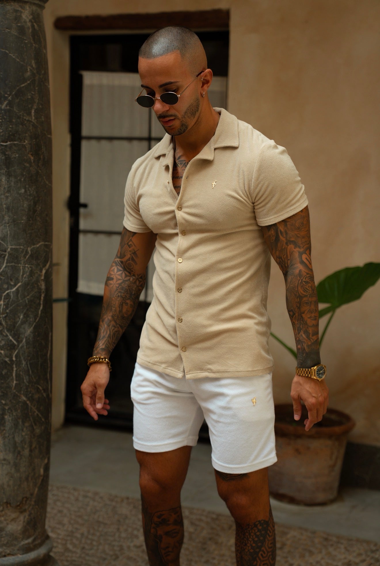 Beige Towelling Revere Shirt Short Sleeve - FSH1494