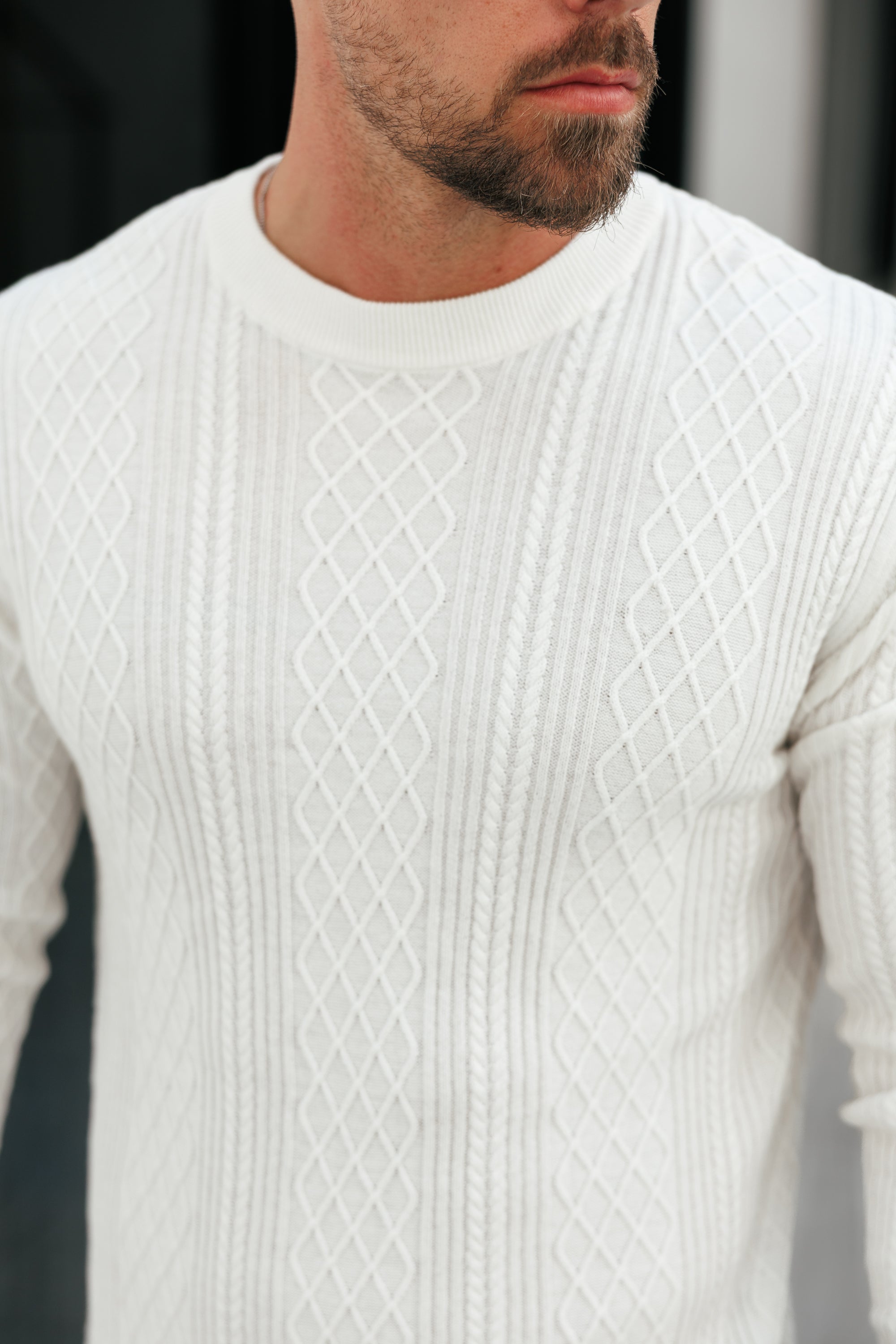Feinstrickpullover mit Rautenmuster, cremeweiß, langärmlig - FSA005