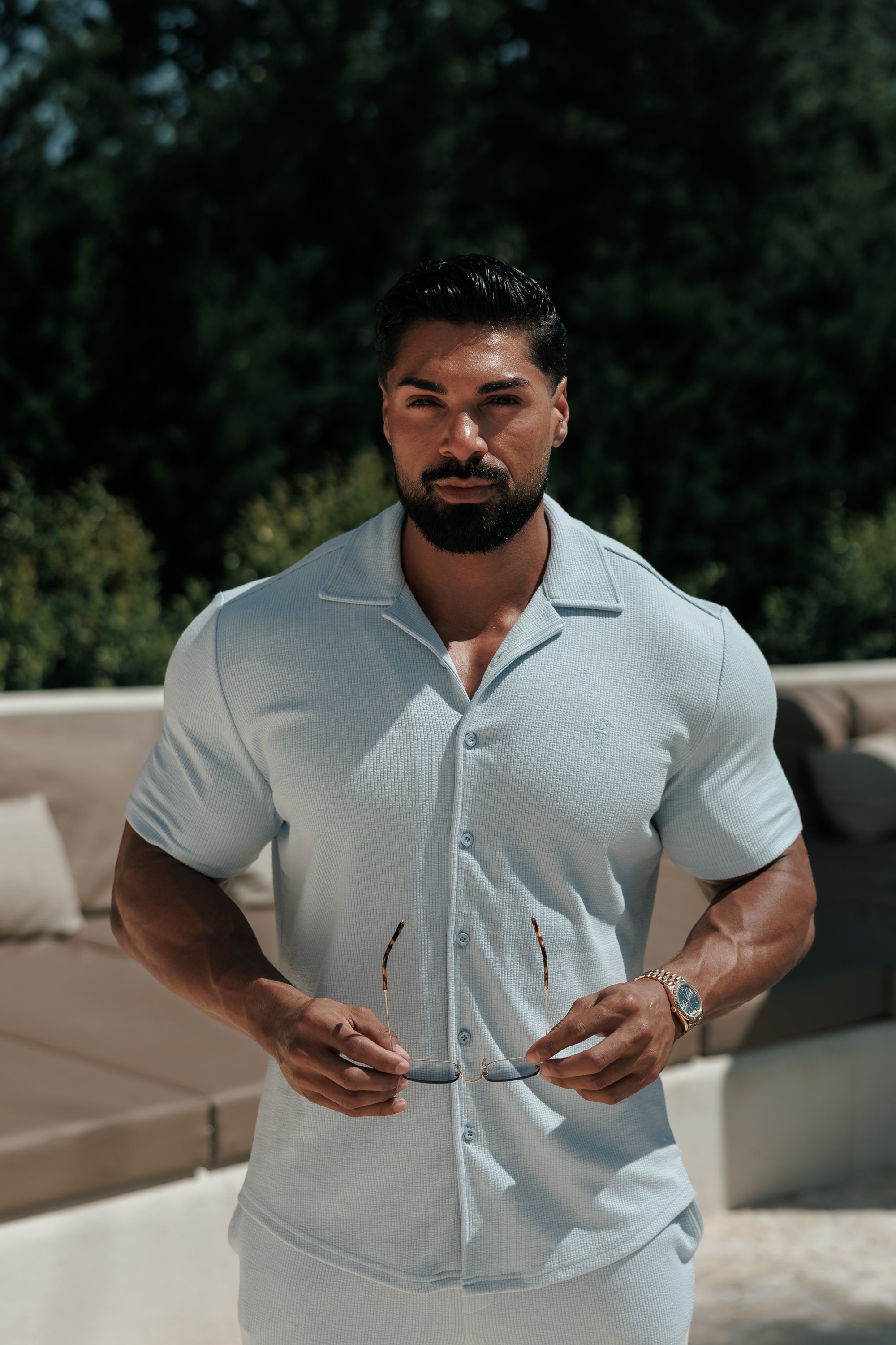 Jersey Cord Stretch Light Blue Revere Shirt Short Sleeve - FSR074 (PRE ORDER 18TH JULY)