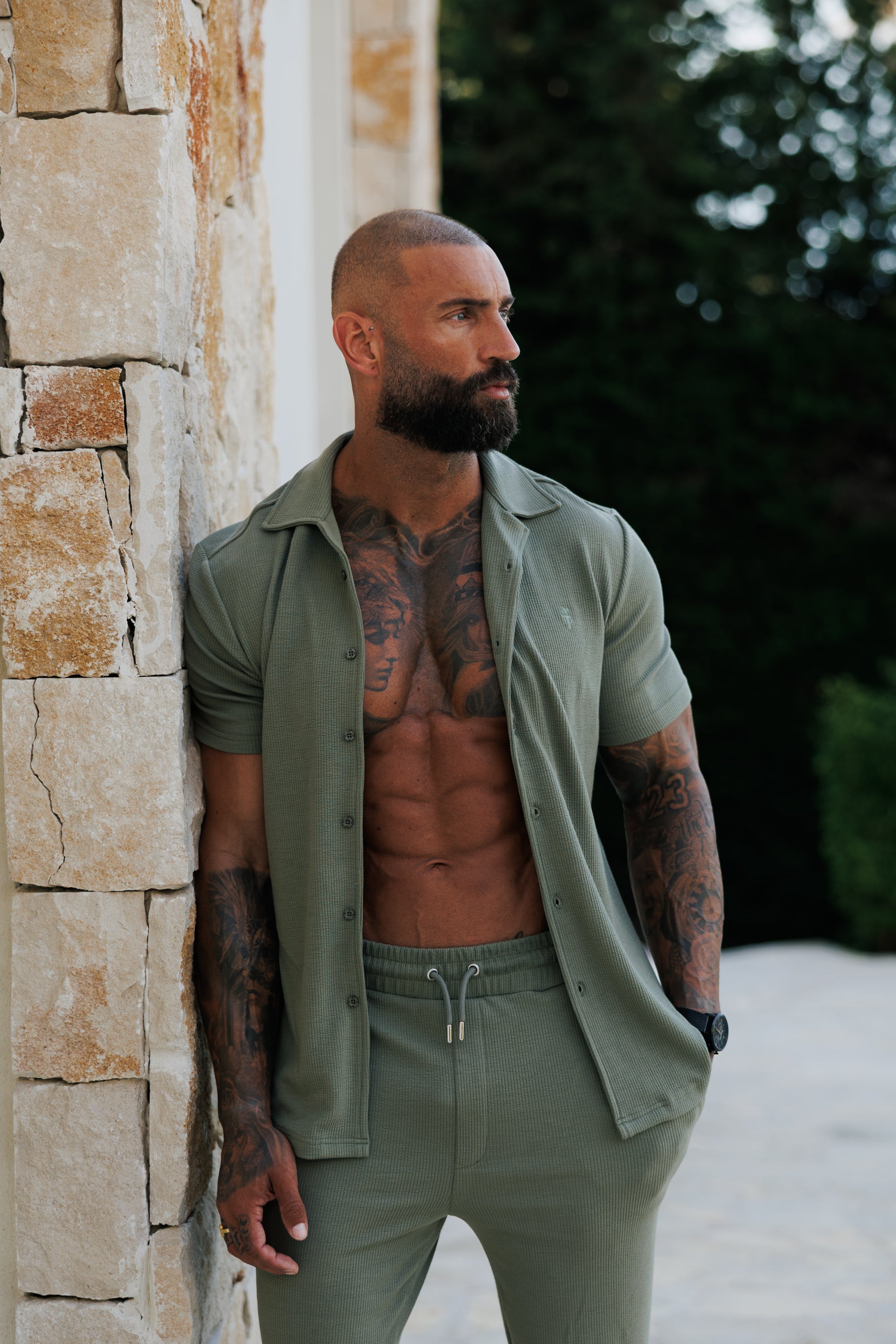 Jersey Cord Stretch Olive Revere Shirt Short Sleeve - FSR072 (PRE ORDER 30TH JUNE)
