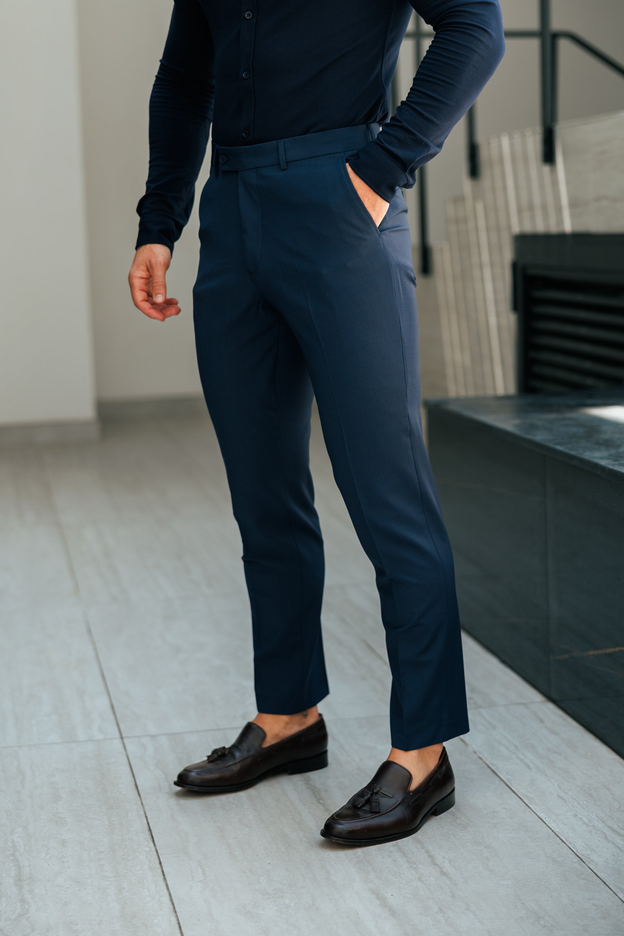 Lässige, formelle, marineblaue Stretchhose - FSTR022 RELAXED