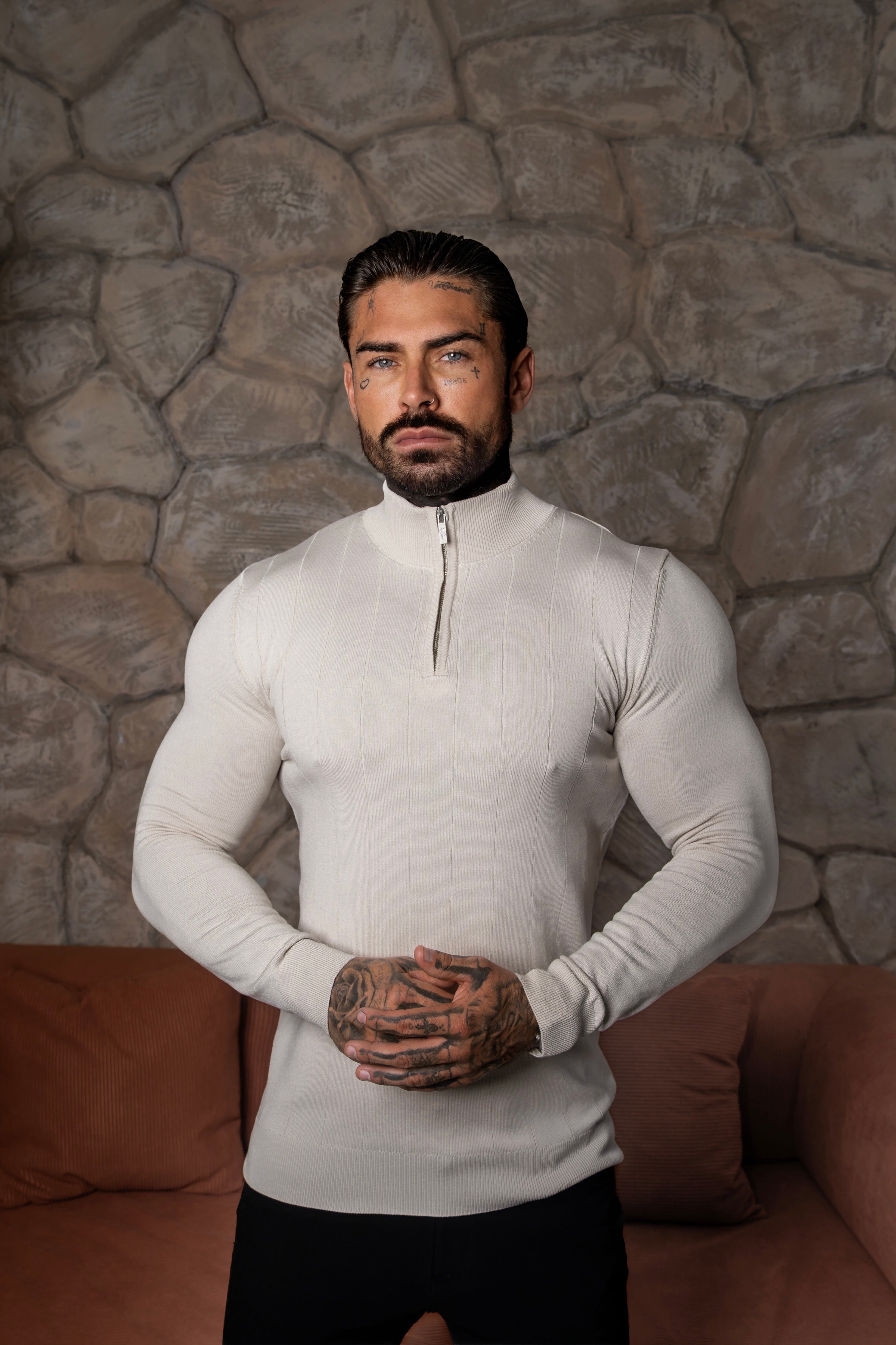 Self Stripe 1/4 Zip Funnel Neck Knit Jumper Cream Long Sleeve  -  FSR052