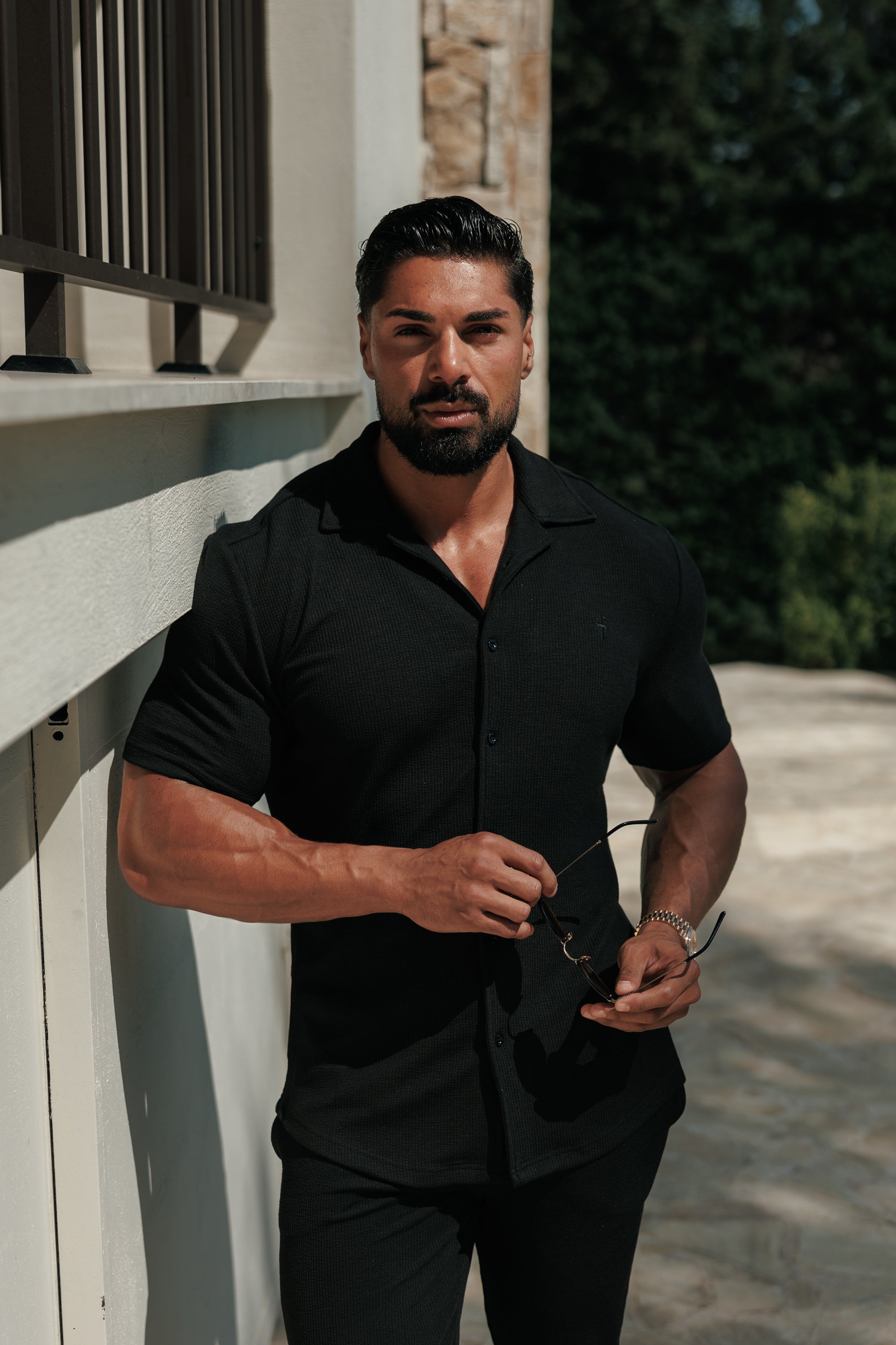 Jersey Cord Stretch Black Revere Shirt Short Sleeve - FSR070 (VORBESTELLUNG 30. JUNI)