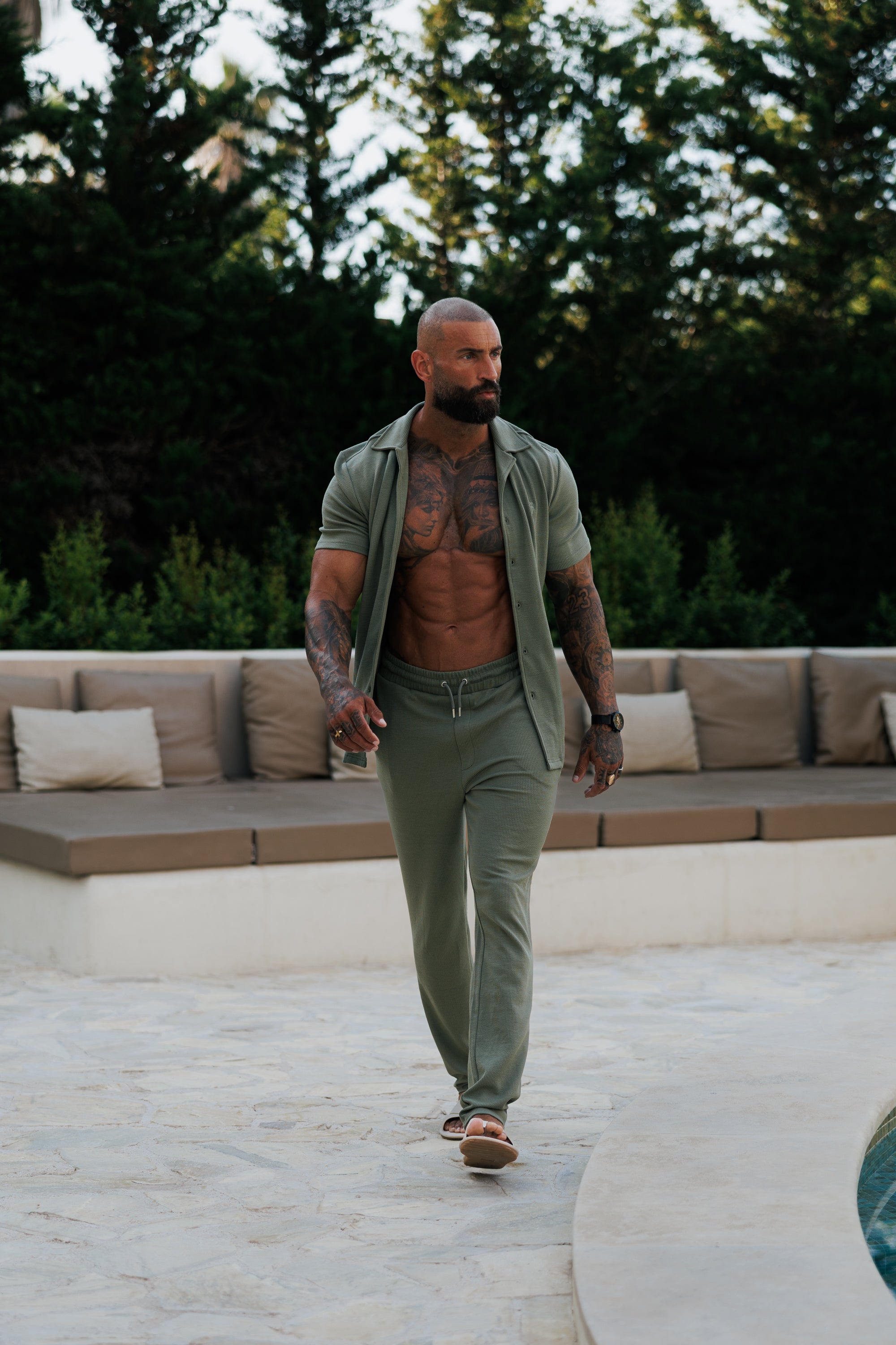 Jersey Cord Stretch Olive Revere Shirt Short Sleeve - FSR072 (PRE ORDER 30TH JUNE)