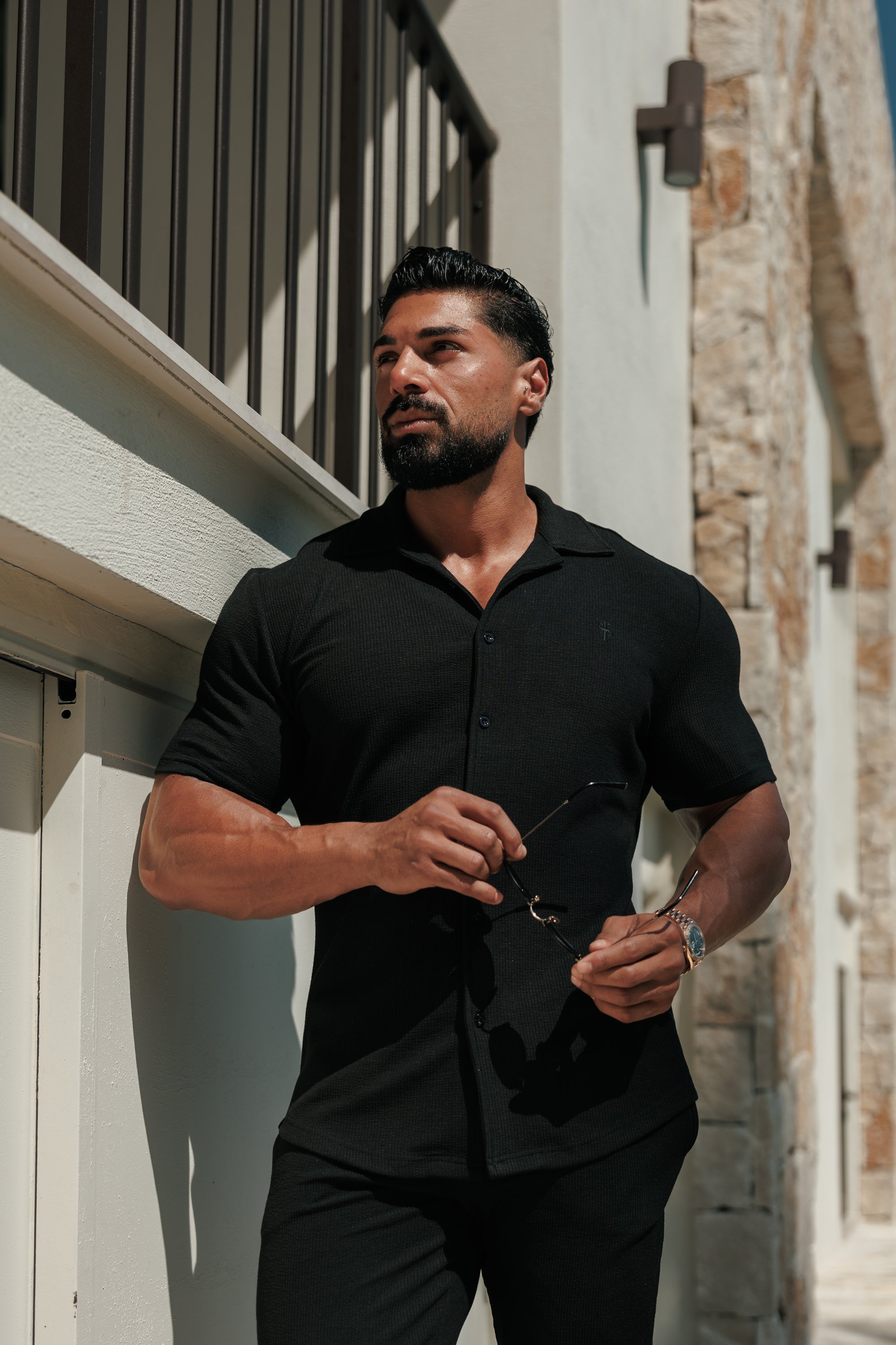 Jersey Cord Stretch Black Revere Shirt Short Sleeve - FSR070 (VORBESTELLUNG 30. JUNI)