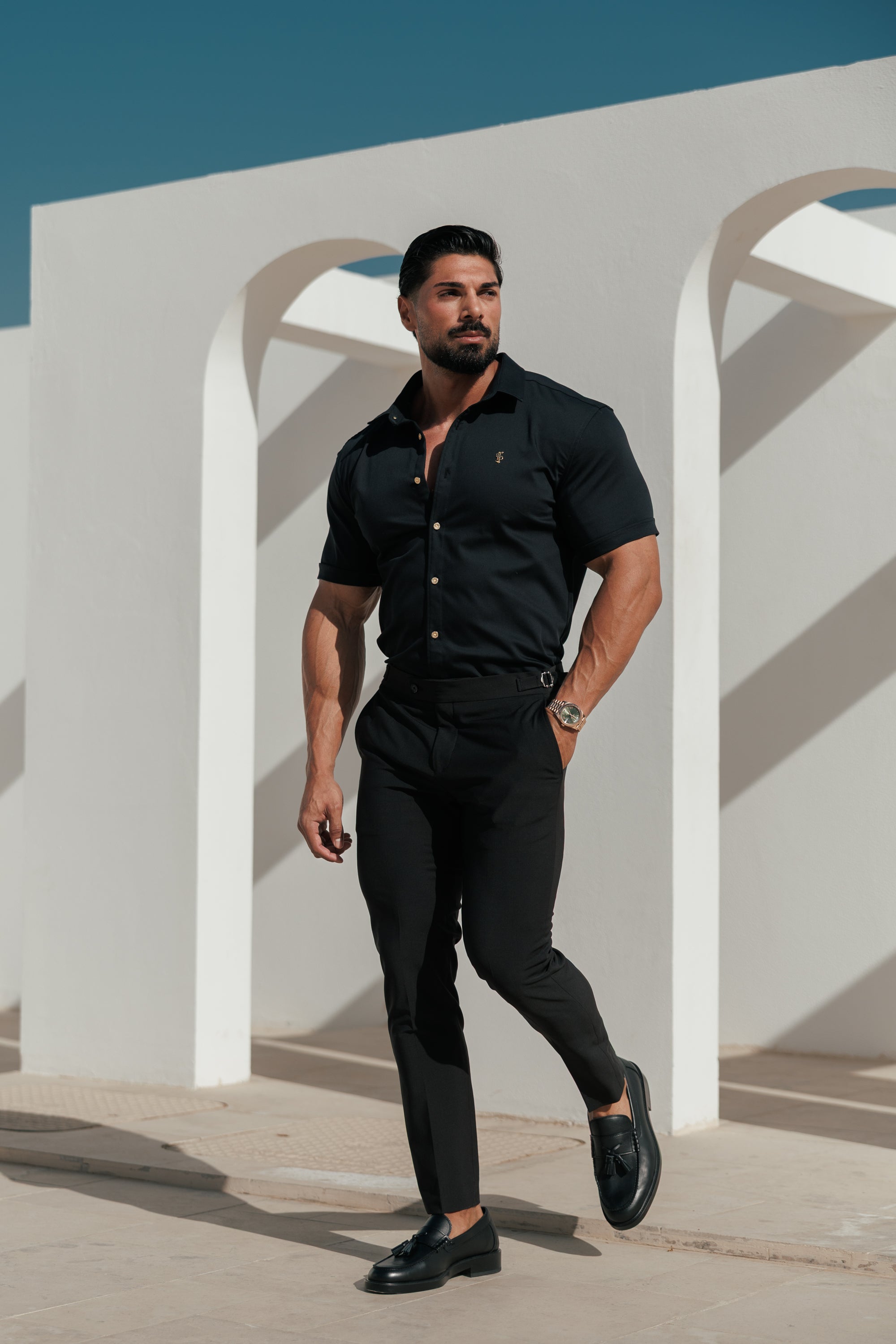 Slim Formal Black Stretch Trousers With Gold Waist Adjusters - FST041
