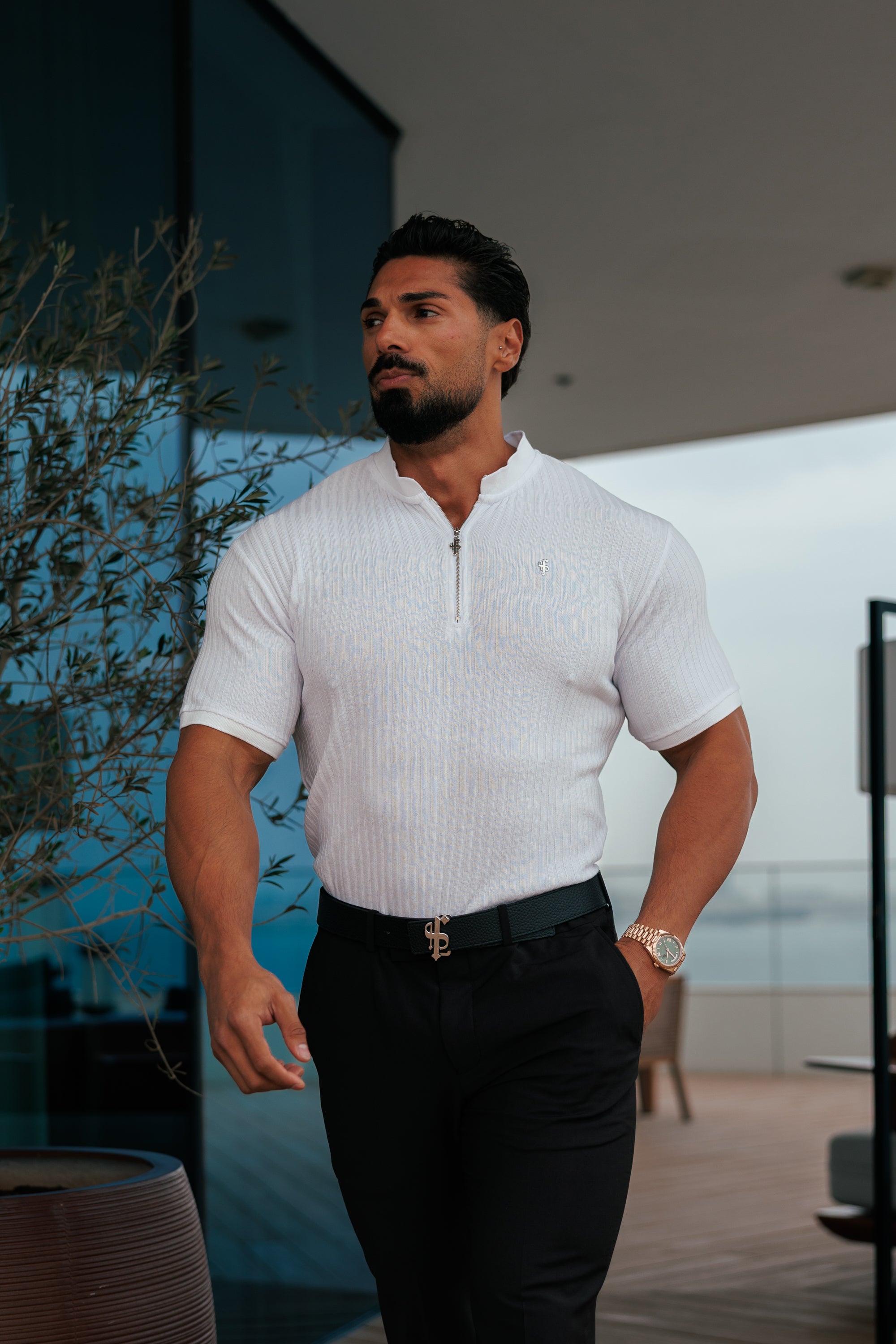 Classic White / Silver  Ribbed Zip Grandad Collar Shirt Short Sleeve - FSH1447