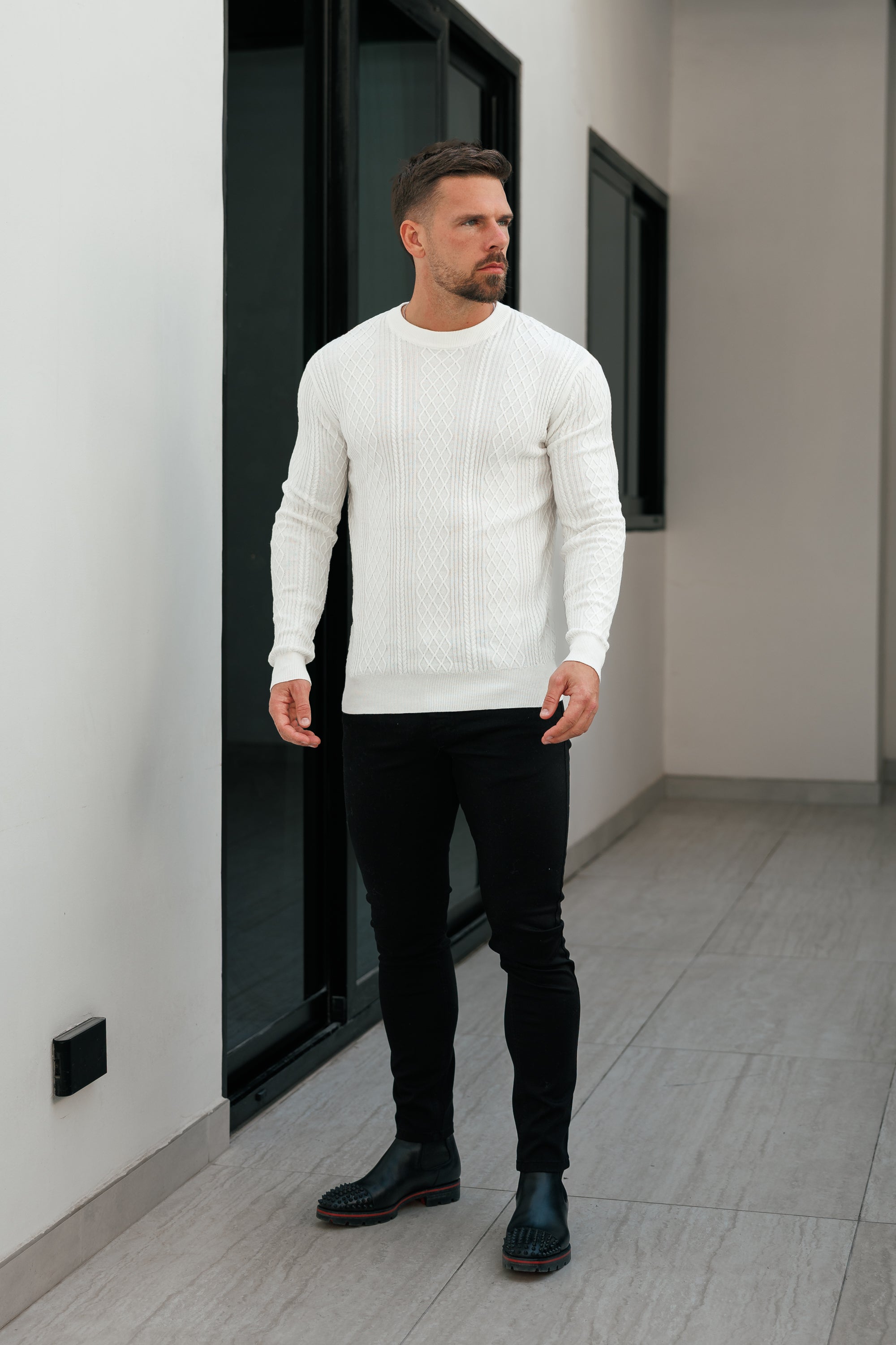 Feinstrickpullover mit Rautenmuster, cremeweiß, langärmlig - FSA005