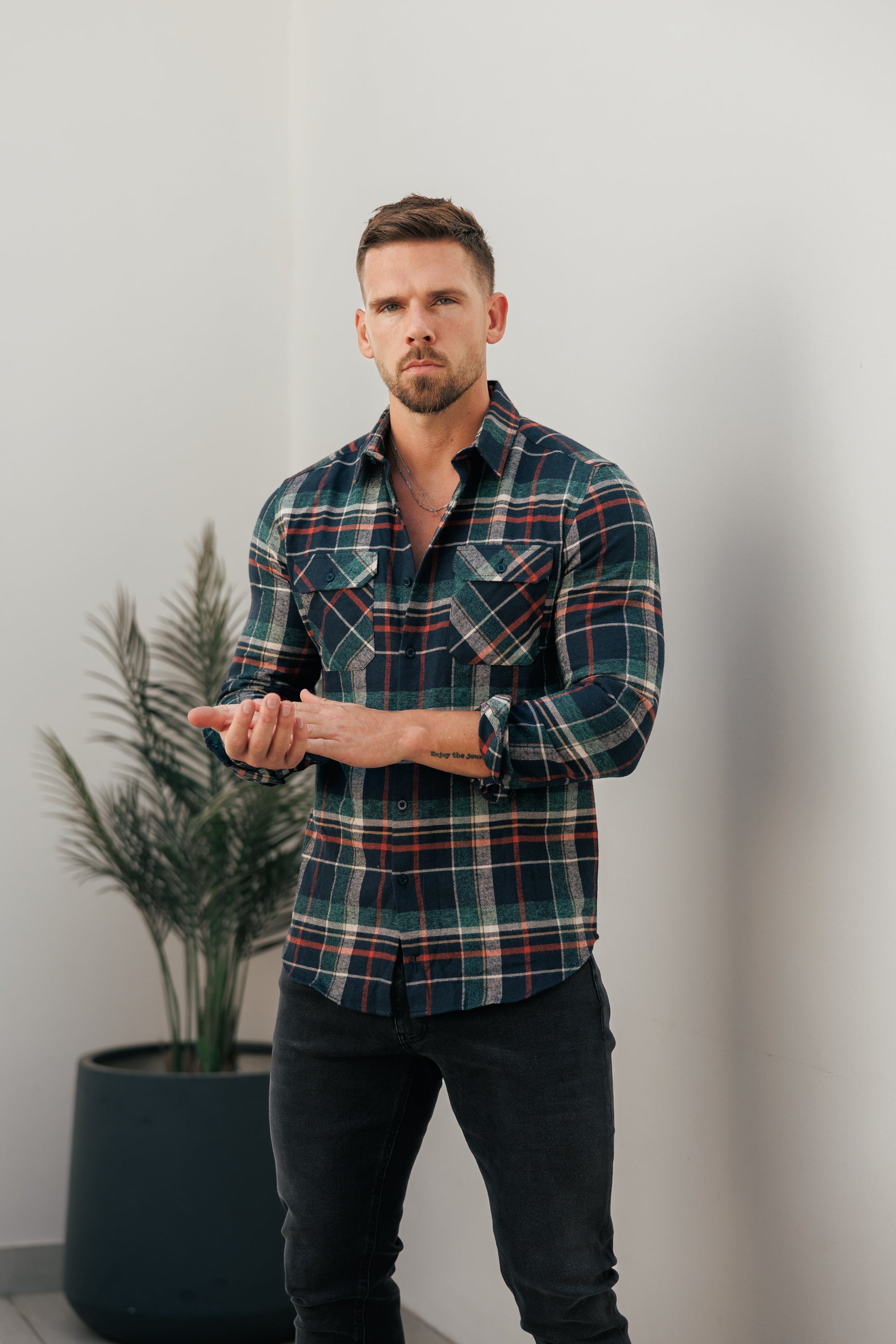 Marineblau/Grün/Rost karierte Hemdjacke mit Doppeltaschen - FS1198