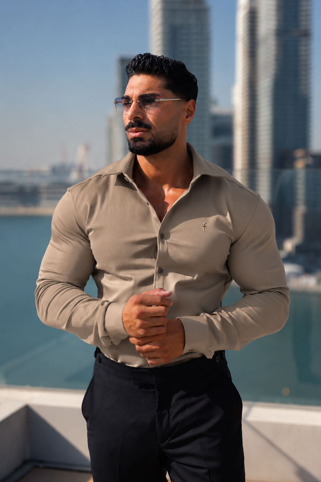 Super-Slim-Stretch-Denim-Langarmshirt in Taupe mit goldenem Metall-Emblem und Umschlagkragen – FS1320 (VORBESTELLUNG FÜR DEN 12. NOVEMBER)
