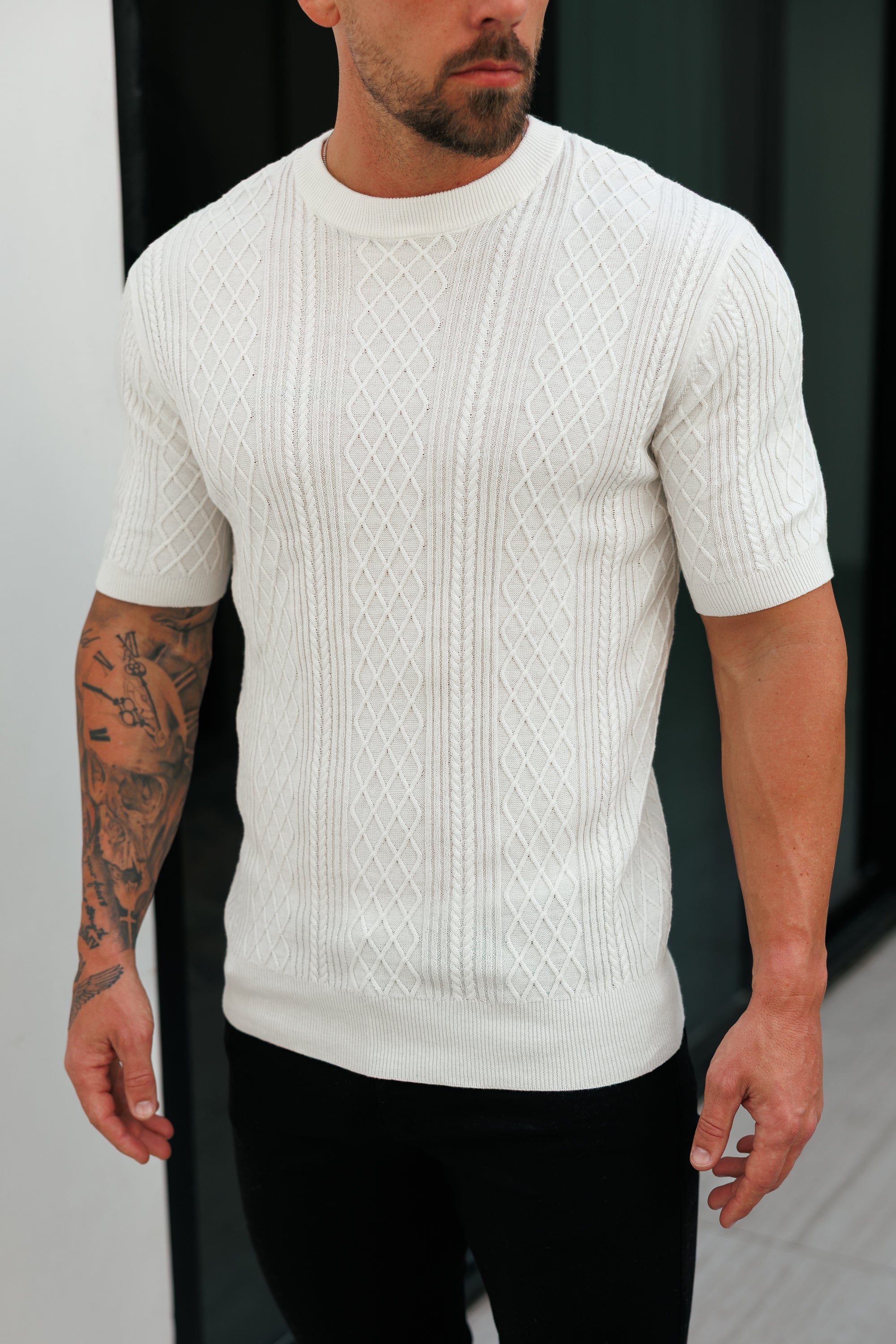 Feinstrickpullover mit Rautenmuster, cremeweiß, Kurzarm - FSA009