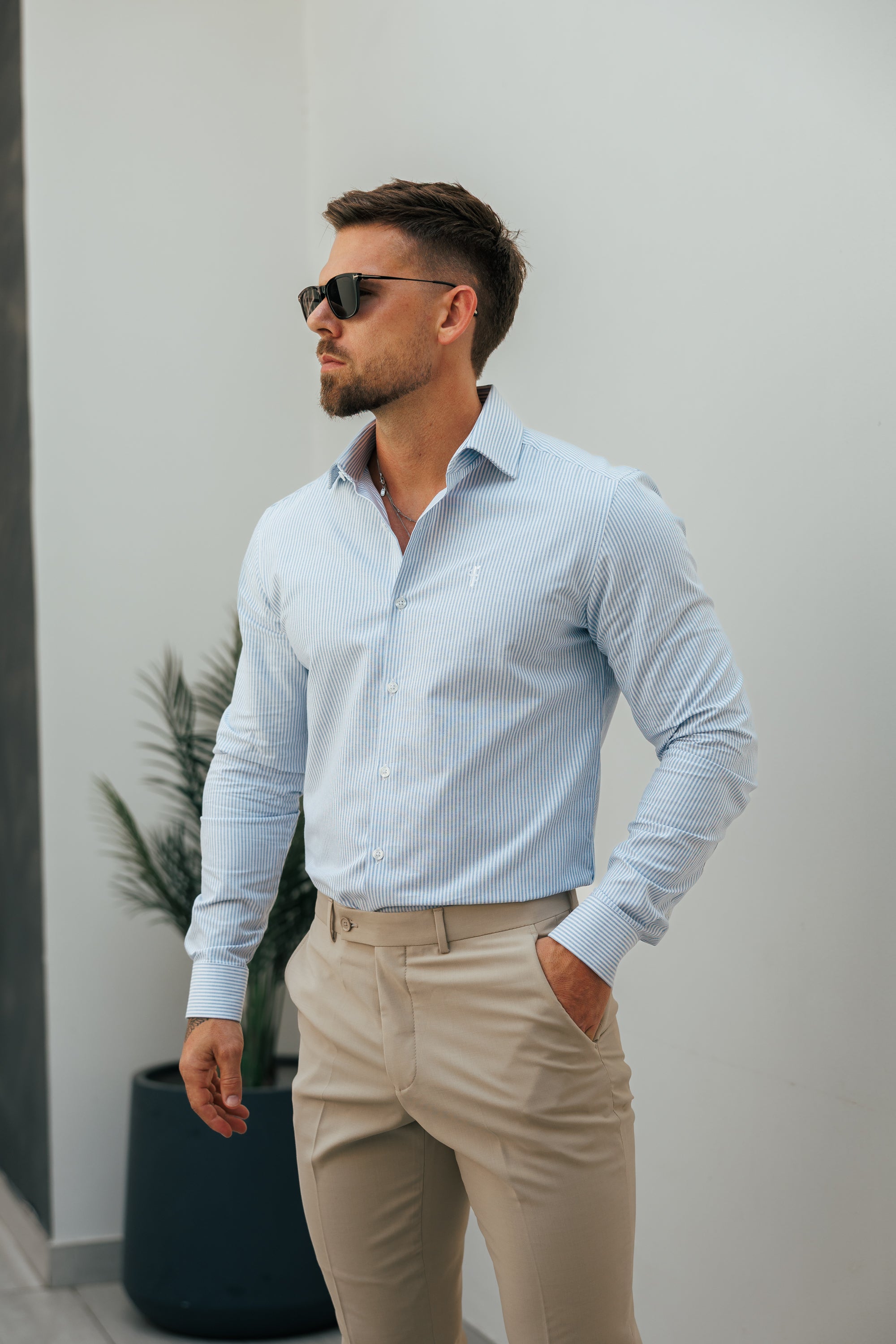 Classic Oxford Long Sleeve White / Blue Stripe with Cutaway Collar - FS1174