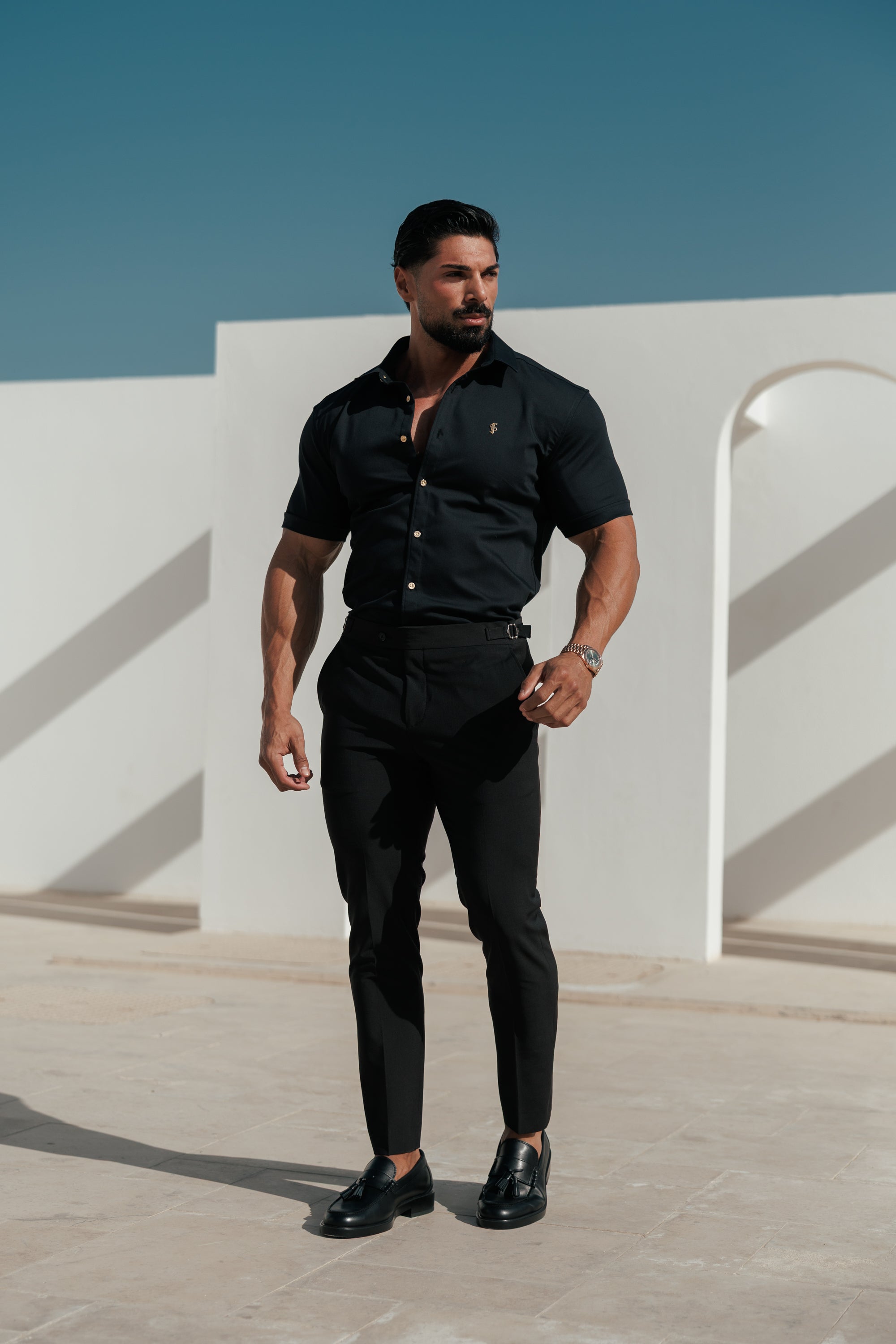 Super Slim Stretch Black Denim Short Sleeve with Gold Metal Decal and Buttons - FS1237