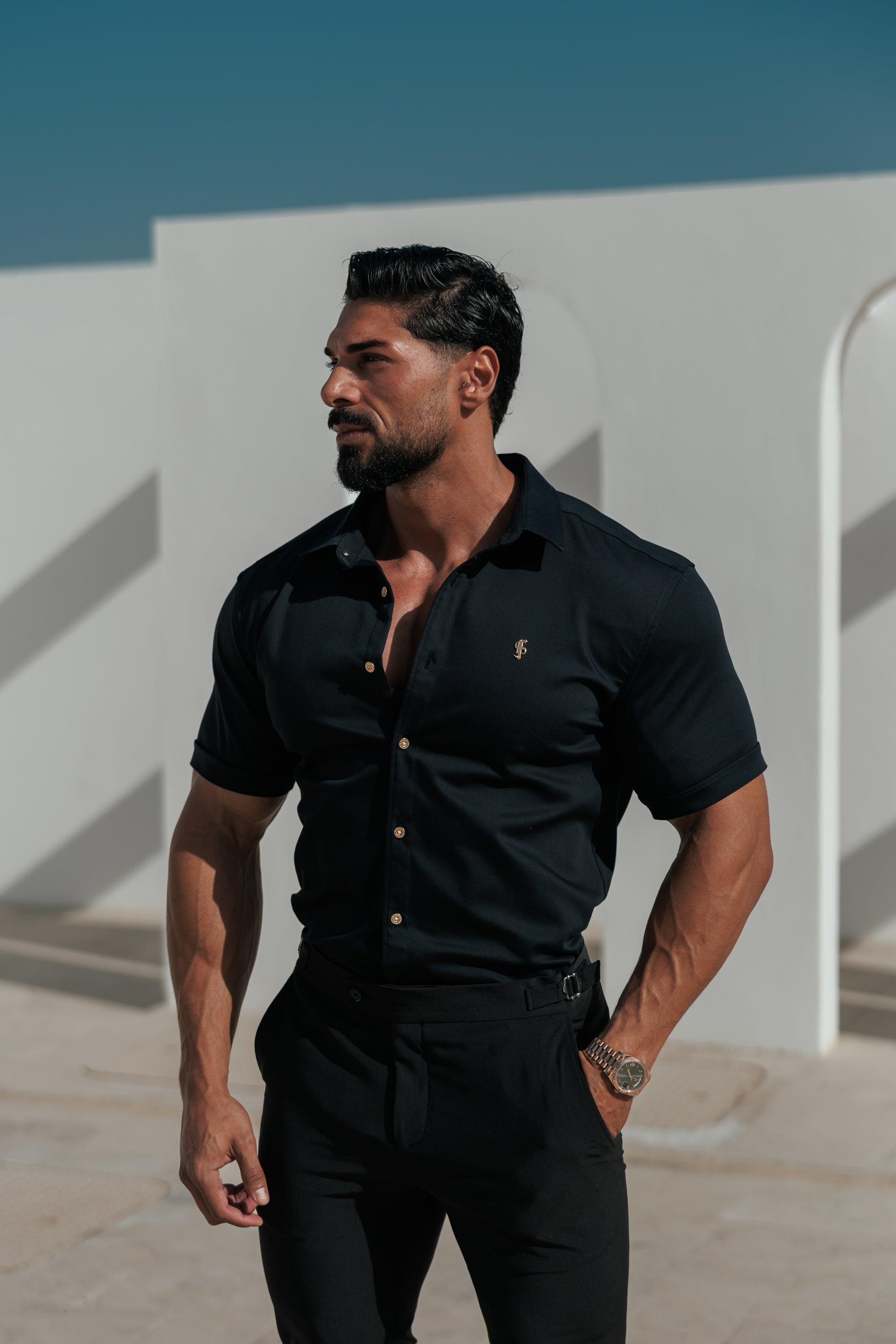 Super Slim Stretch Black Denim Short Sleeve with Gold Metal Decal and Buttons - FS1237