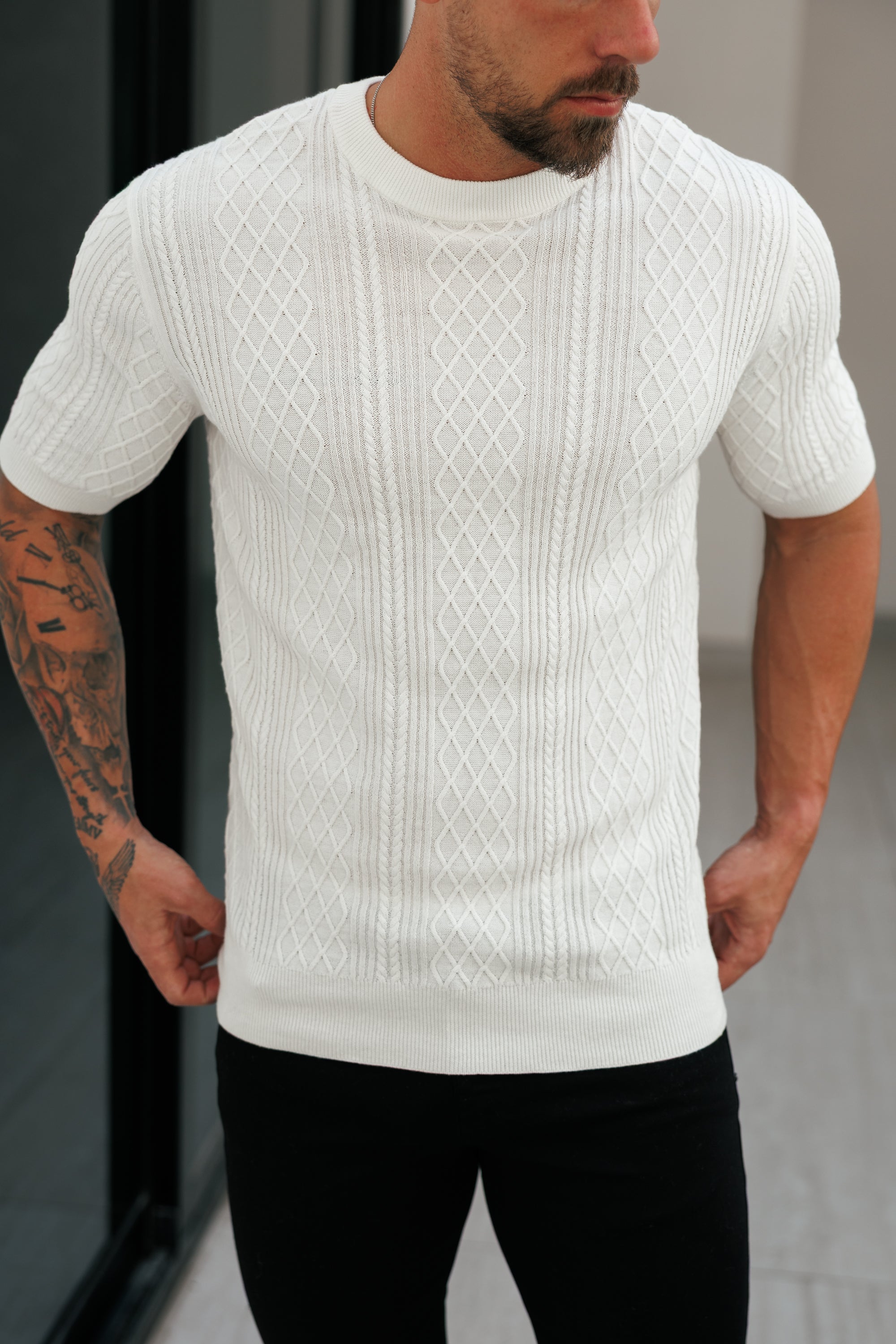 Feinstrickpullover mit Rautenmuster, cremeweiß, Kurzarm - FSA009
