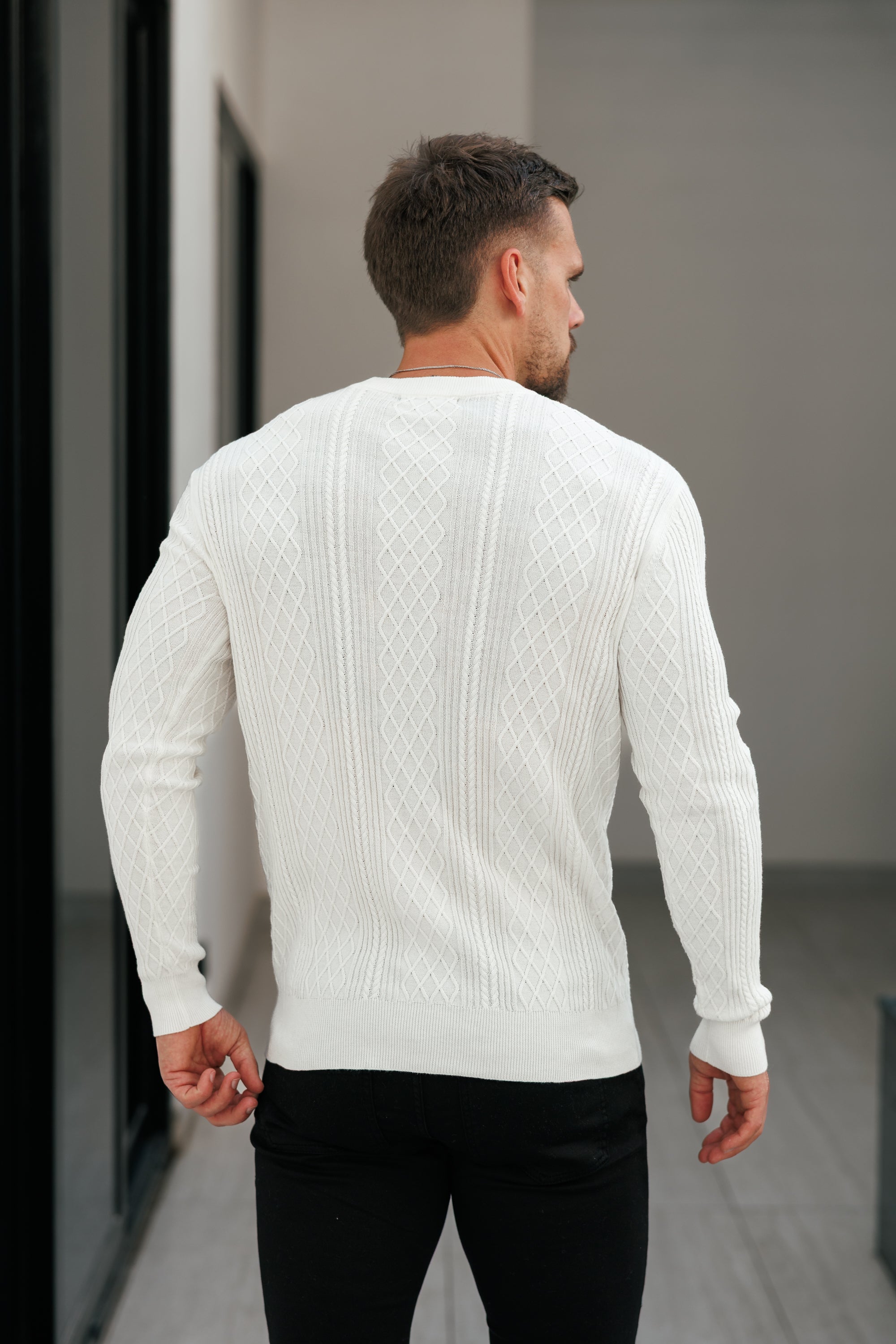 Feinstrickpullover mit Rautenmuster, cremeweiß, langärmlig - FSA005
