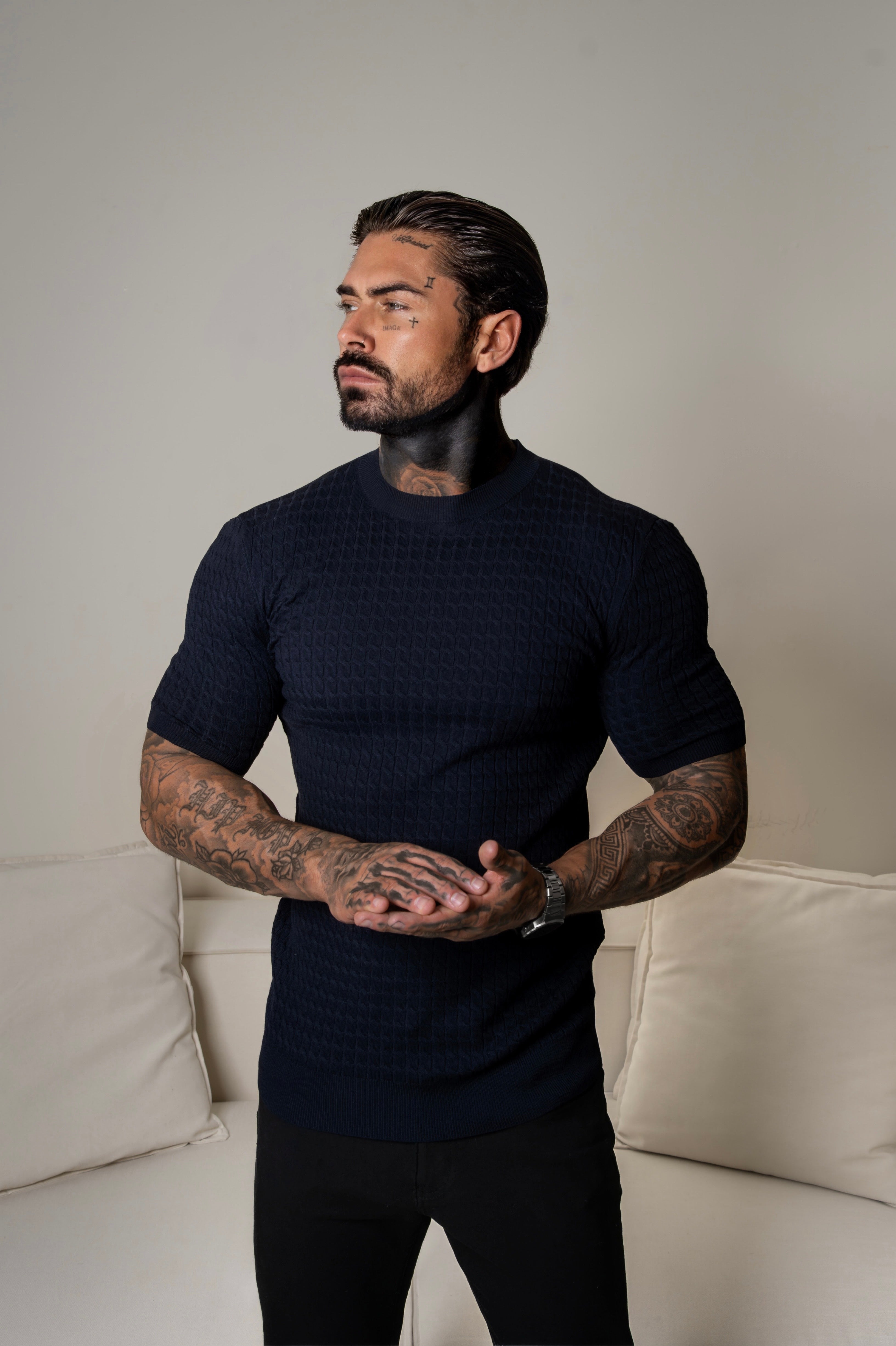 Front Chain Knit Crew Tshirt Navy Short Sleeve  -  FSR054