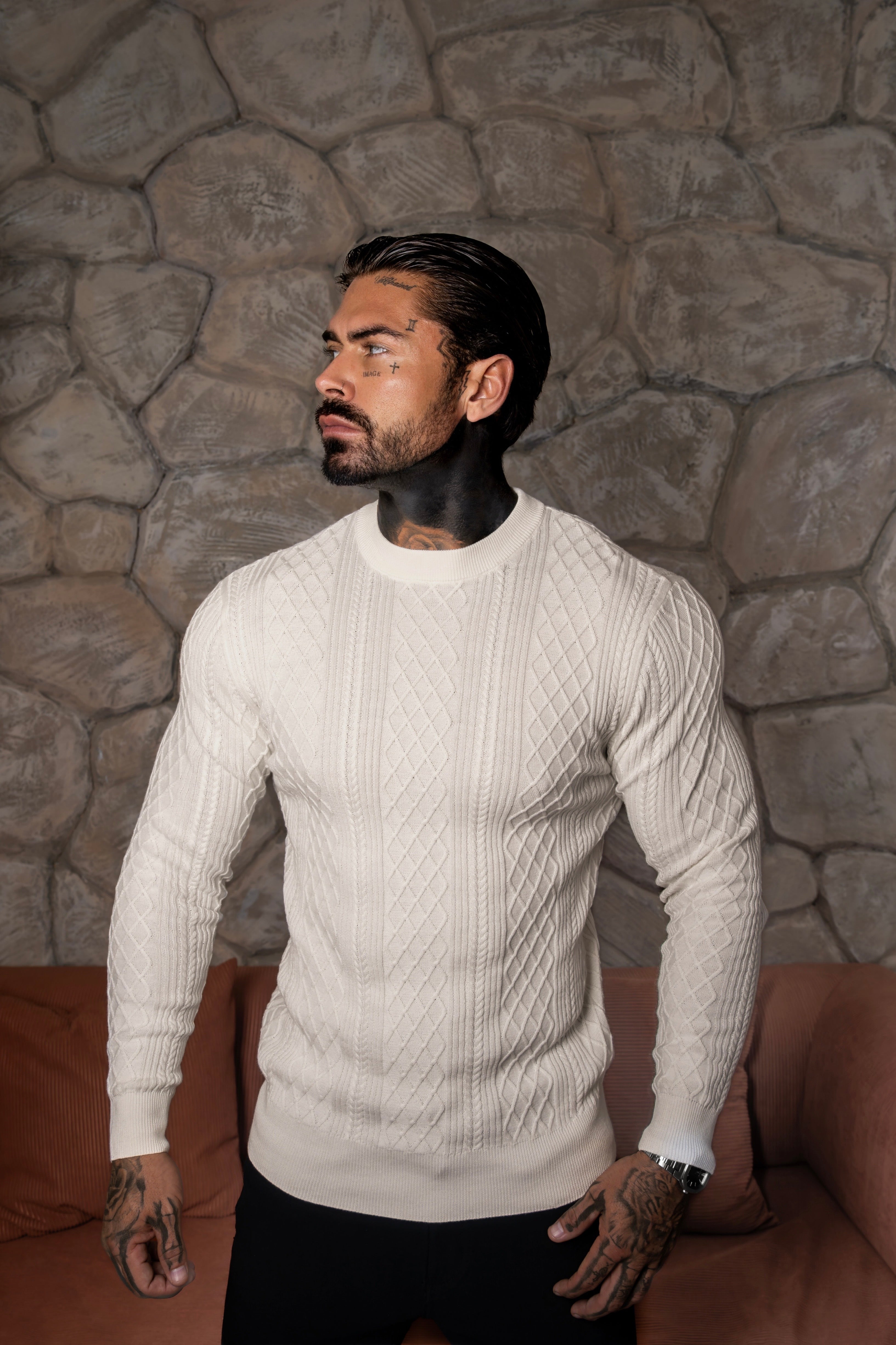 Fine Knit Diamond Off White Jumper Long Sleeve  -  FSA005