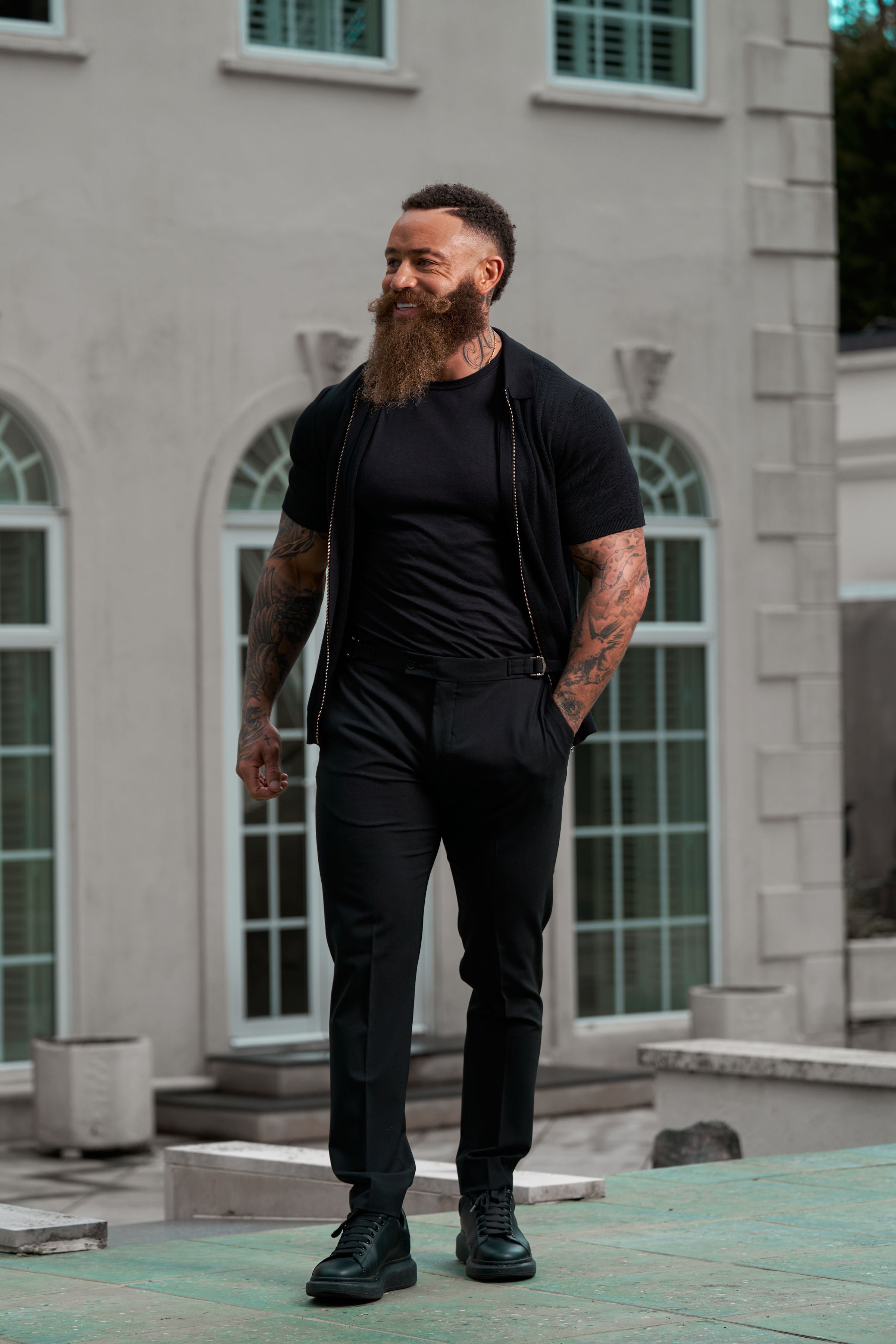Slim Formal Black Stretch Trousers With Gold Waist Adjusters - FST018