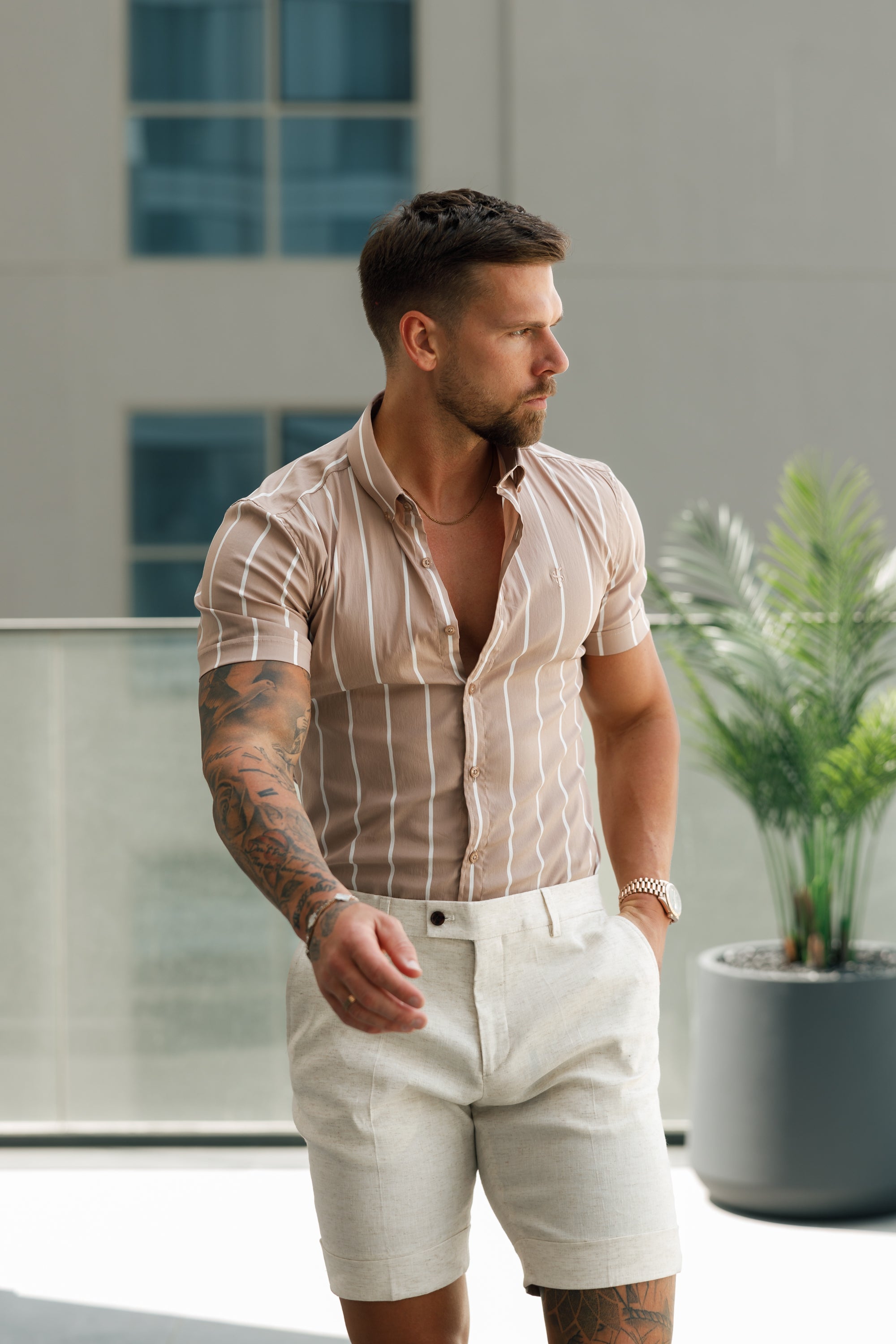 Super Slim Stretch Taupe-farbenes Hemd mit breiten Streifen und Kurzarm mit Button-Down-Kragen – FS1066 (VORBESTELLUNG 31. MAI)