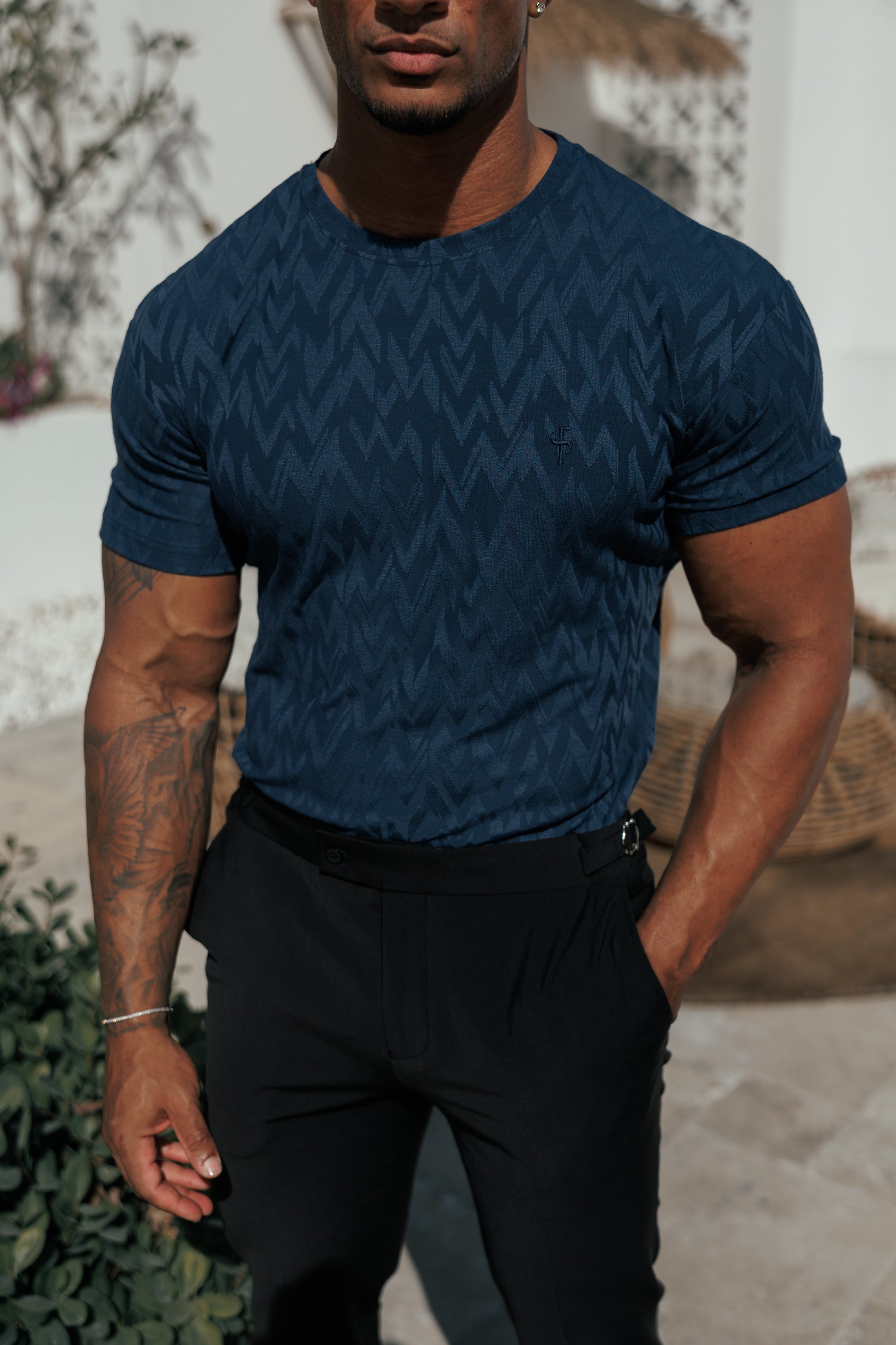 Regular Fit Jacquard Navy Chevron T-Shirt - FSR048