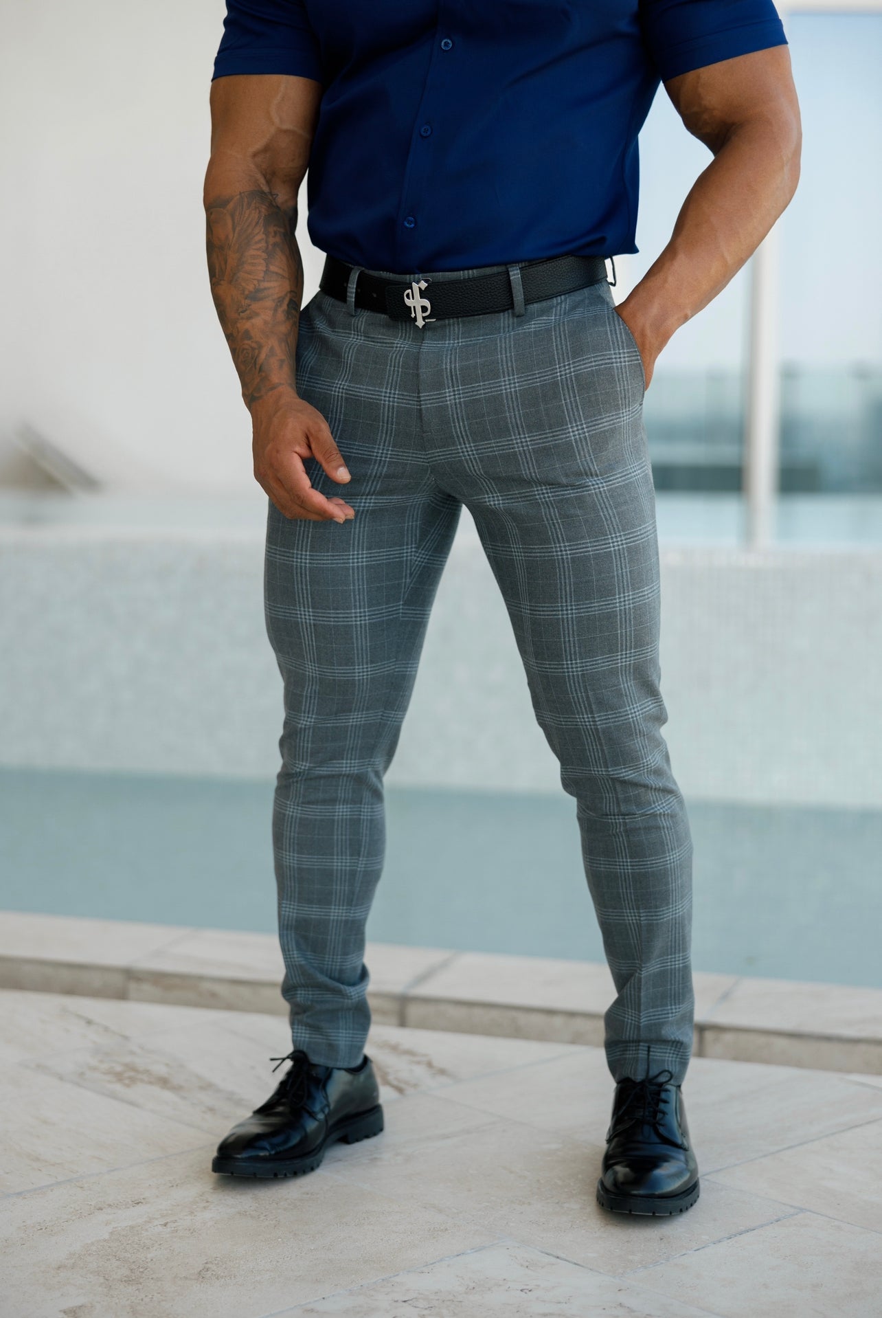Slim Formal Large Silver Grey Check Stretch Trousers - FST005
