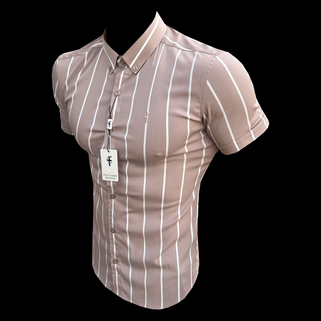 Super Slim Stretch Taupe-farbenes Hemd mit breiten Streifen und Kurzarm mit Button-Down-Kragen – FS1066 (VORBESTELLUNG 31. MAI)