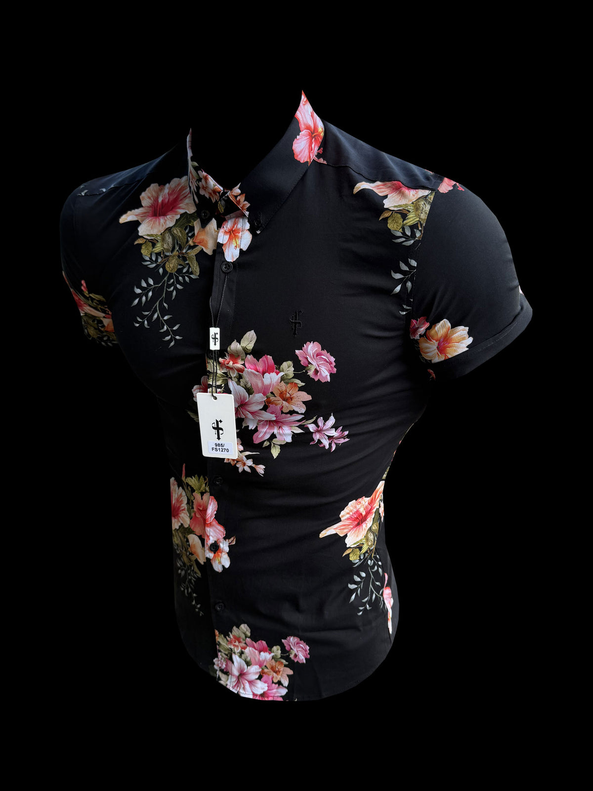 Super Slim Stretch Kurzarmhemd in Schwarz mit Lily-Blumenmuster und Button-Down-Kragen - FS1270