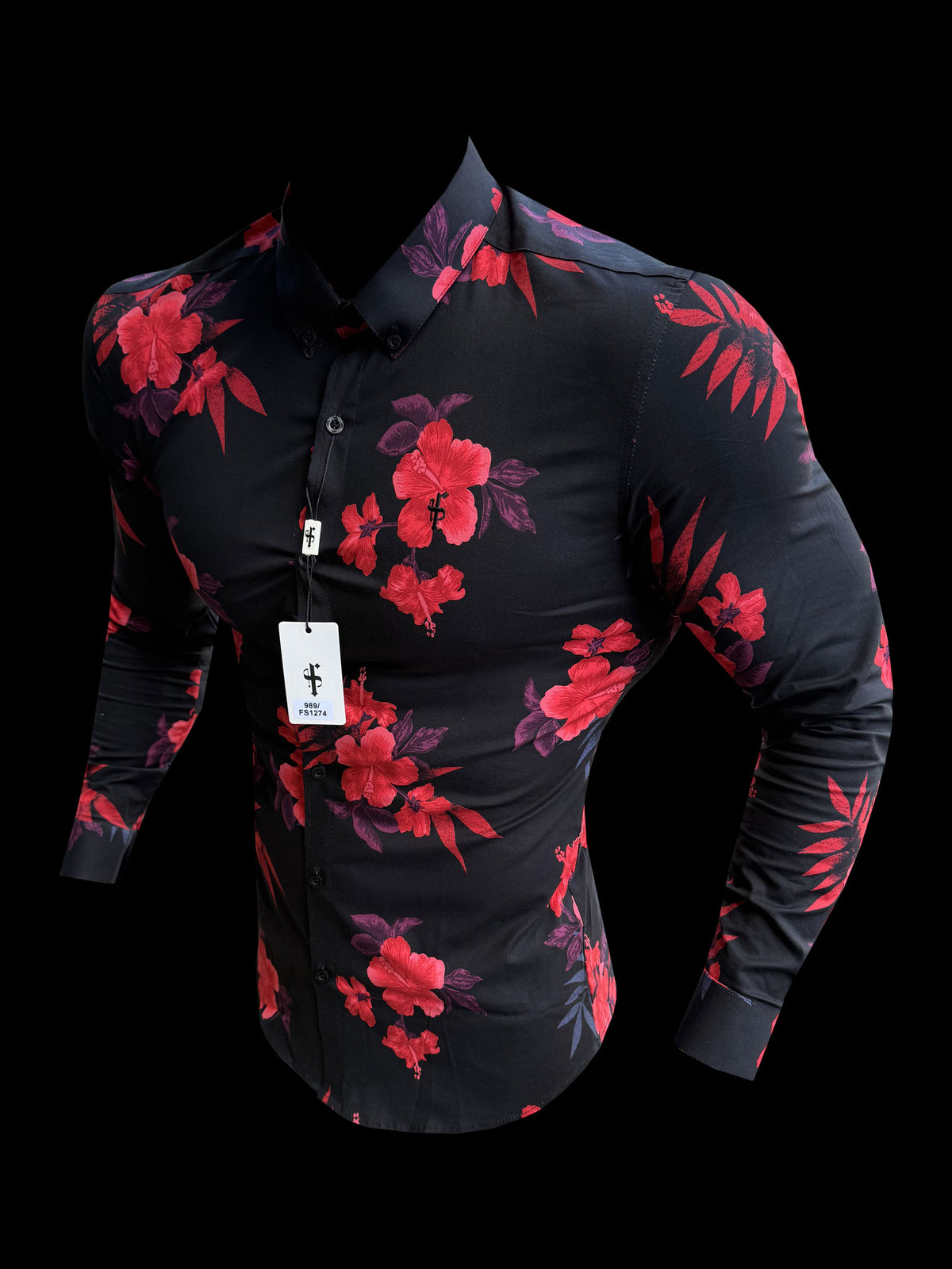 Super Slim Stretch Langarm mit Button-Down-Kragen, schwarz-roter Blumendruck - FS1274