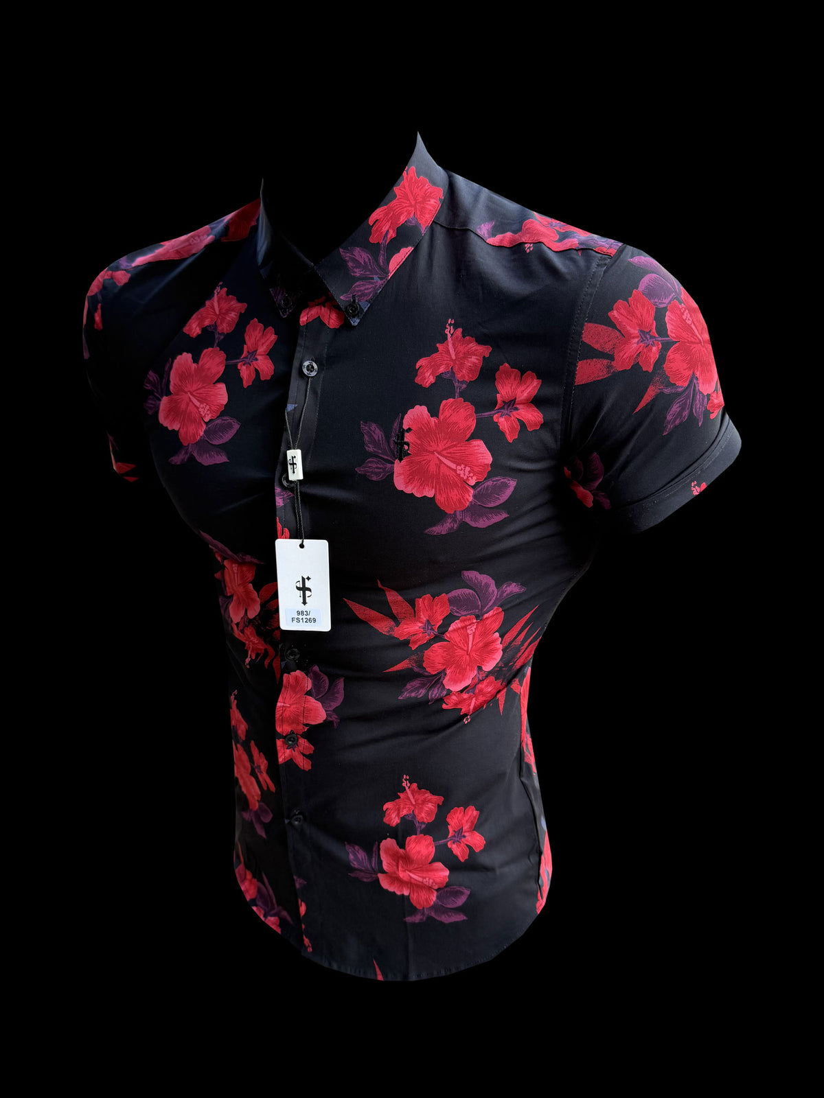 Super Slim Stretch Kurzarmhemd mit Blumenmuster in Schwarz und Rot und Button-Down-Kragen - FS1269