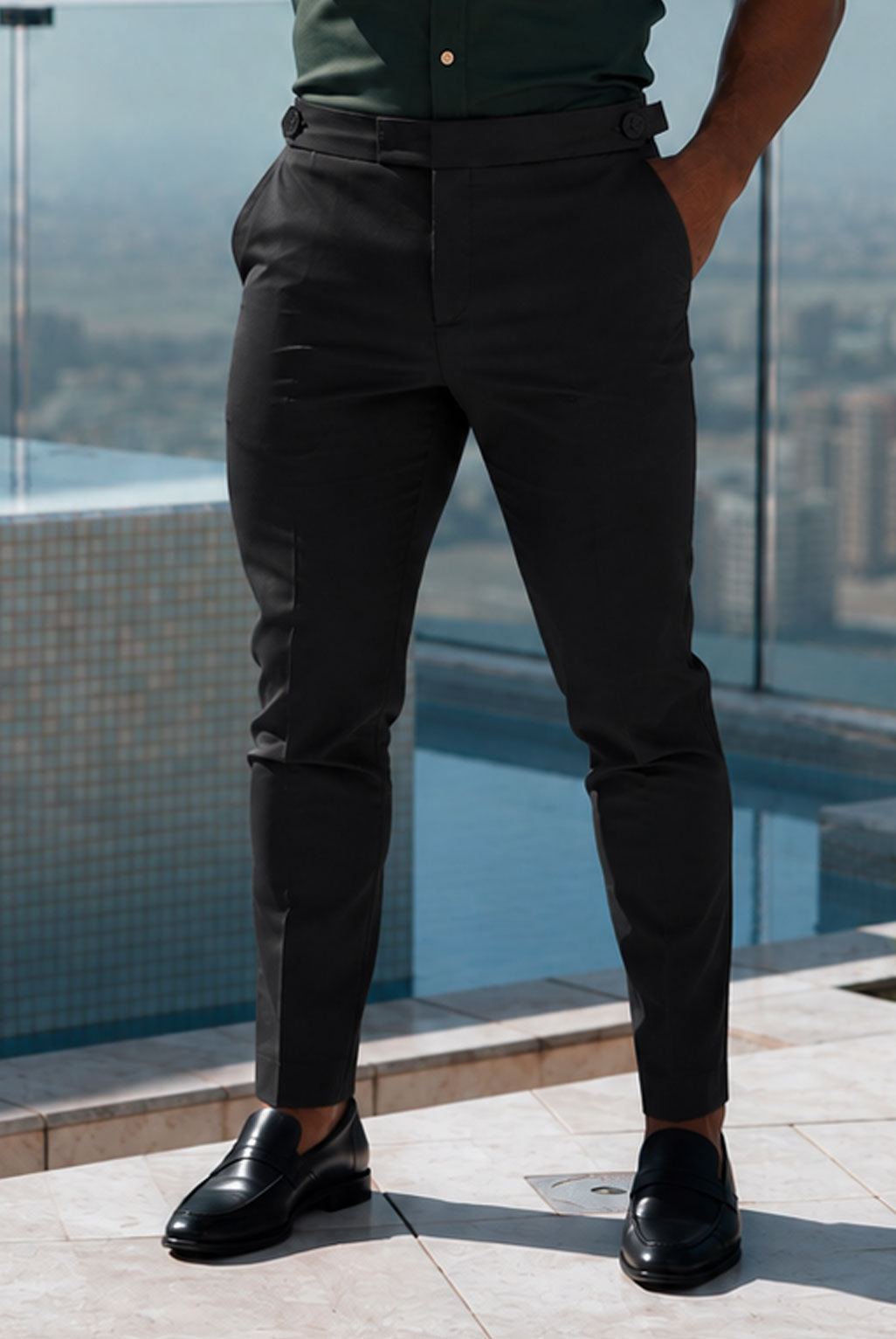 Tailored Formal Black Stretch Trousers with Elasticated Button Waist Adjuster - FST049