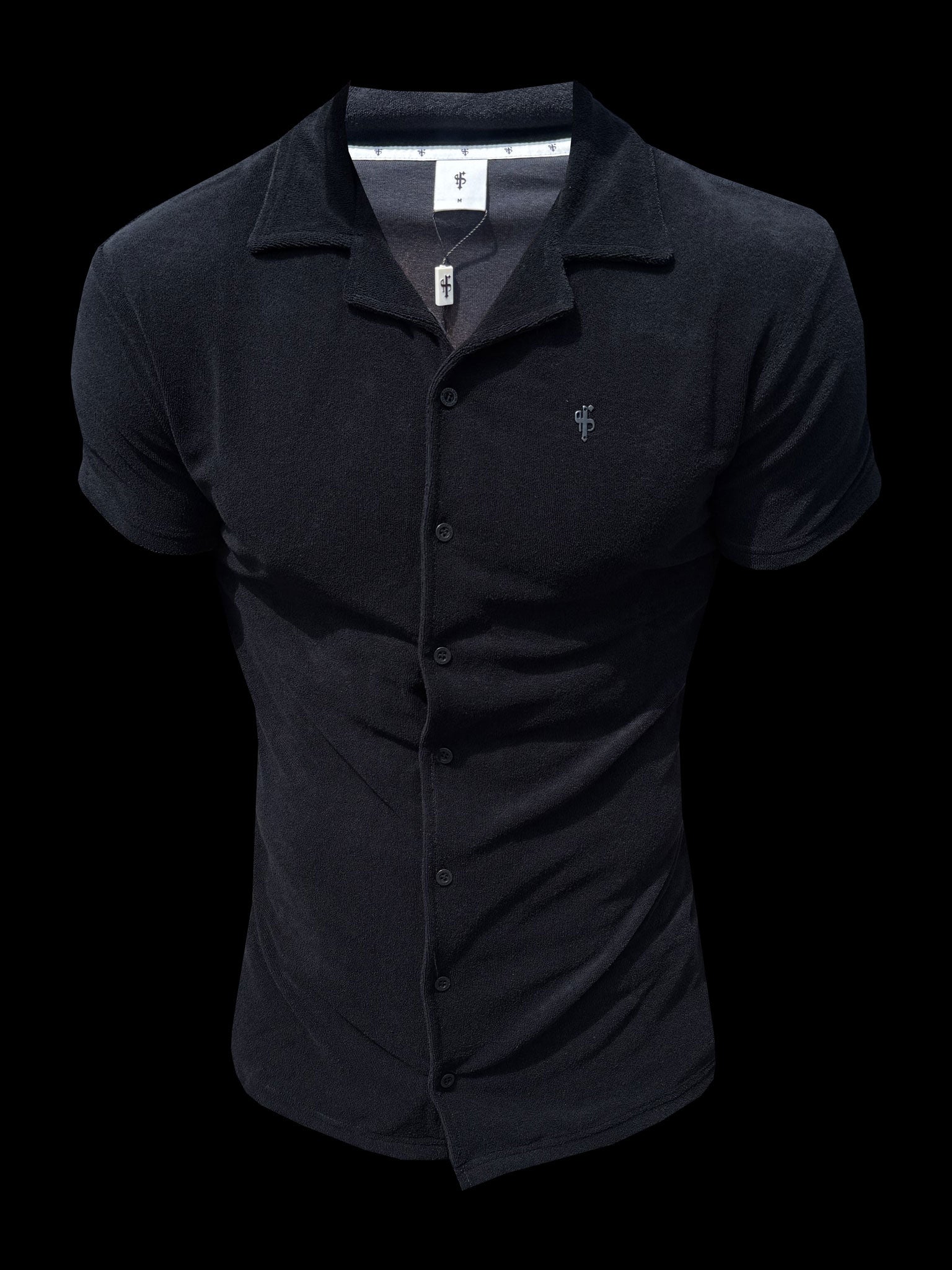 Black Towelling Revere Shirt Short Sleeve - FSH1493