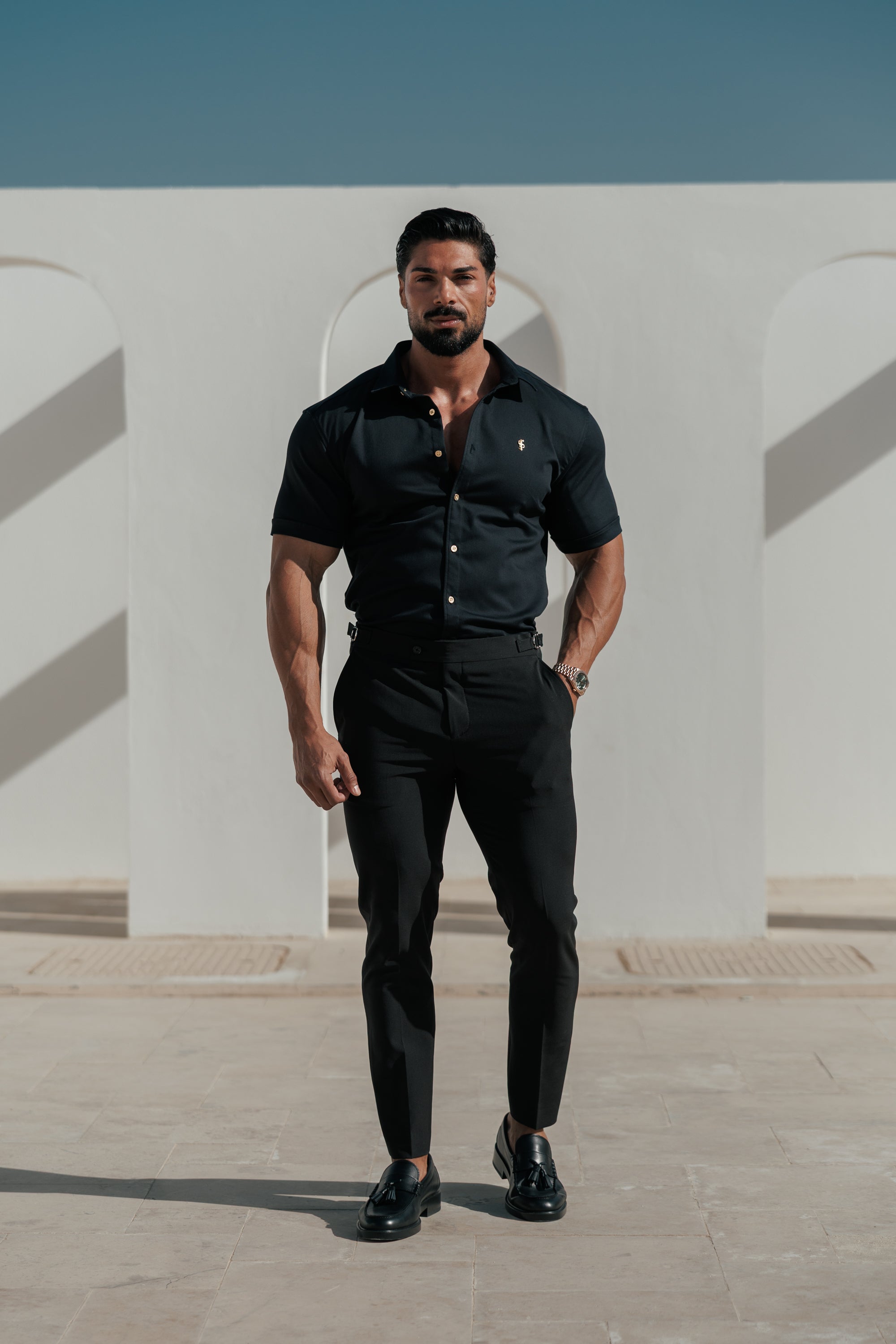 Super Slim Stretch Black Denim Short Sleeve with Gold Metal Decal and Buttons - FS1237