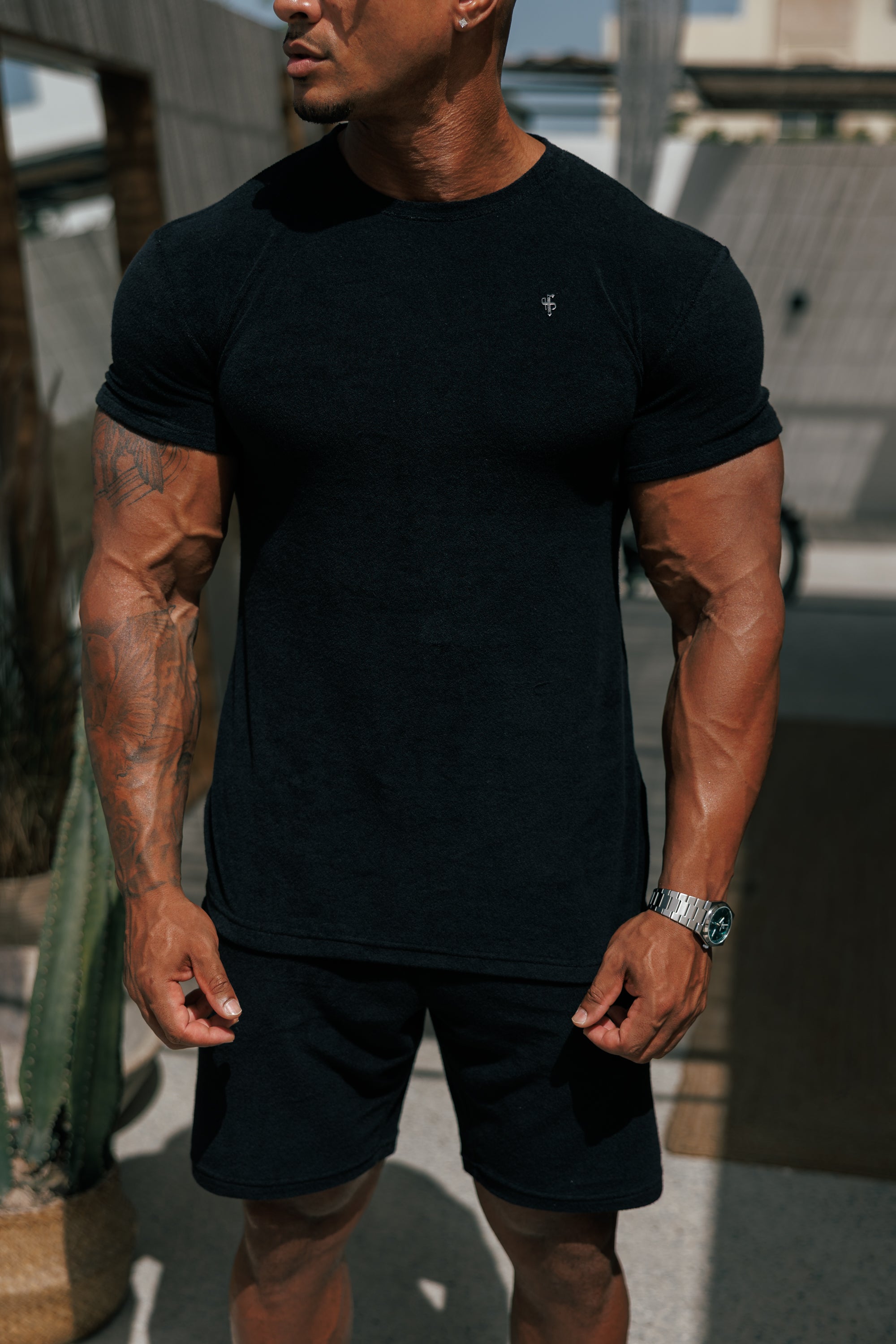 Black Towelling Crew T Shirt - FSH816 (PRE ORDER 16TH JUNE)