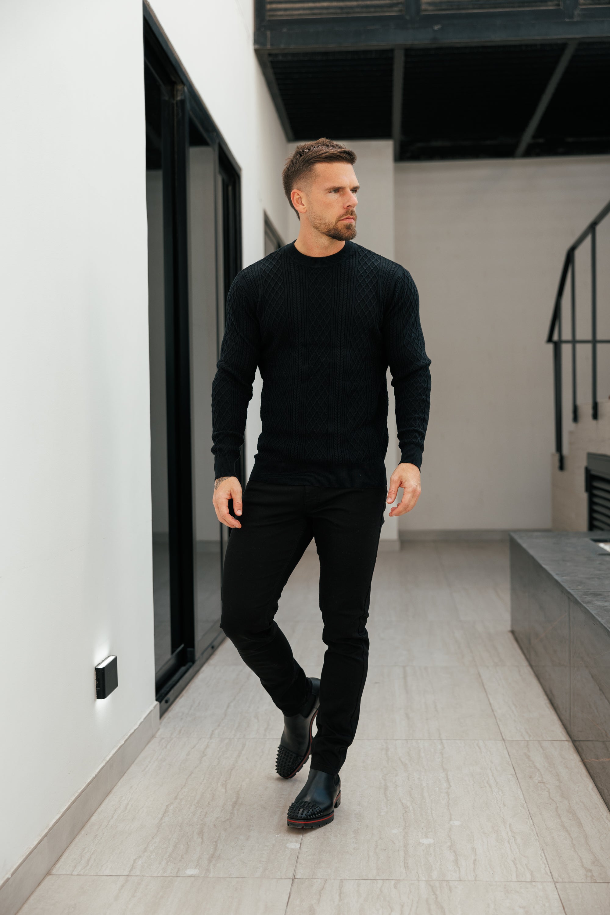 Feinstrickpullover mit Rautenmuster, schwarz, langärmlig - FSA006