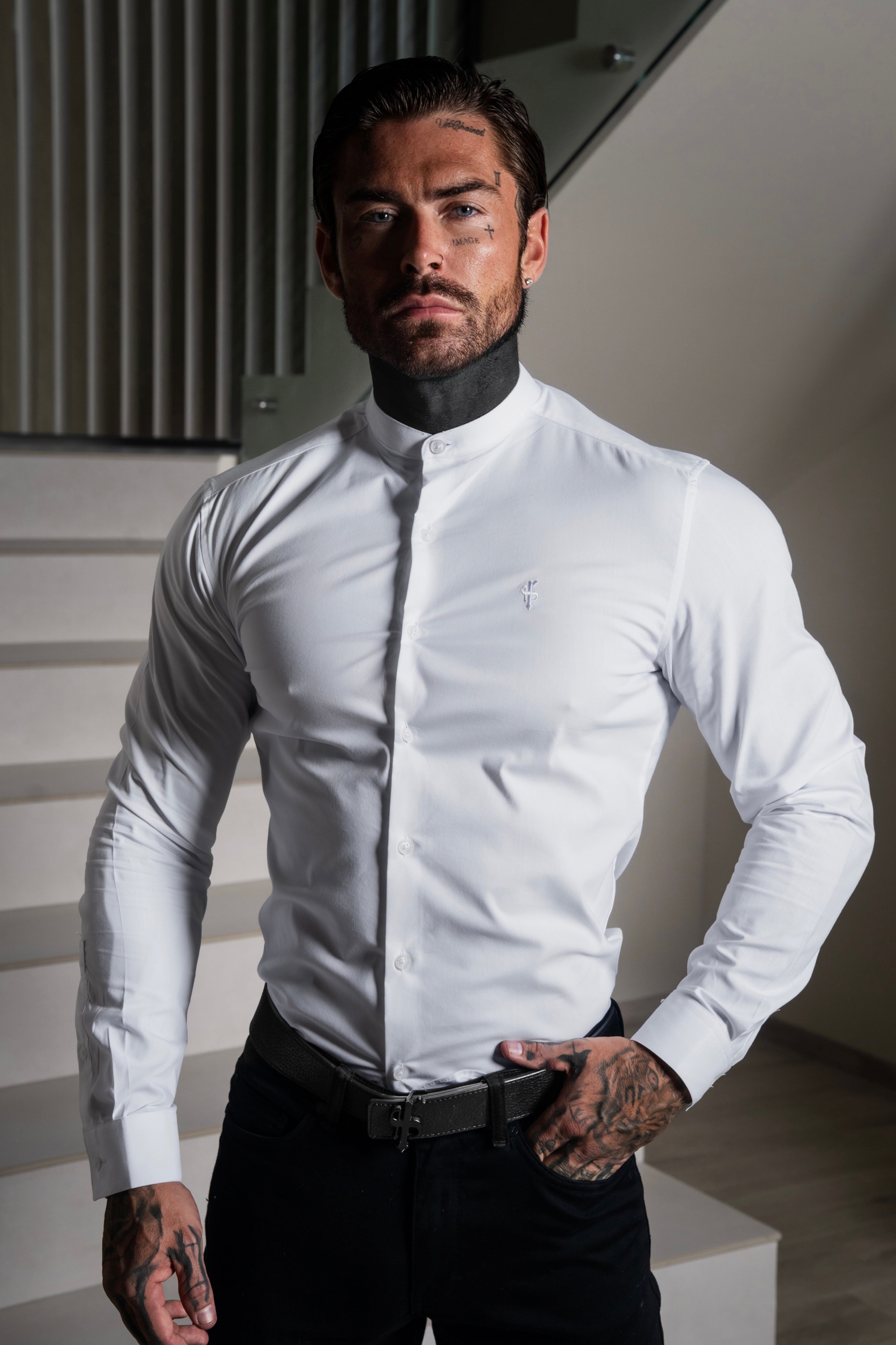 Athena Muscle Fit Advanced Stretch Black Grandad Collar Shirt - FS1245