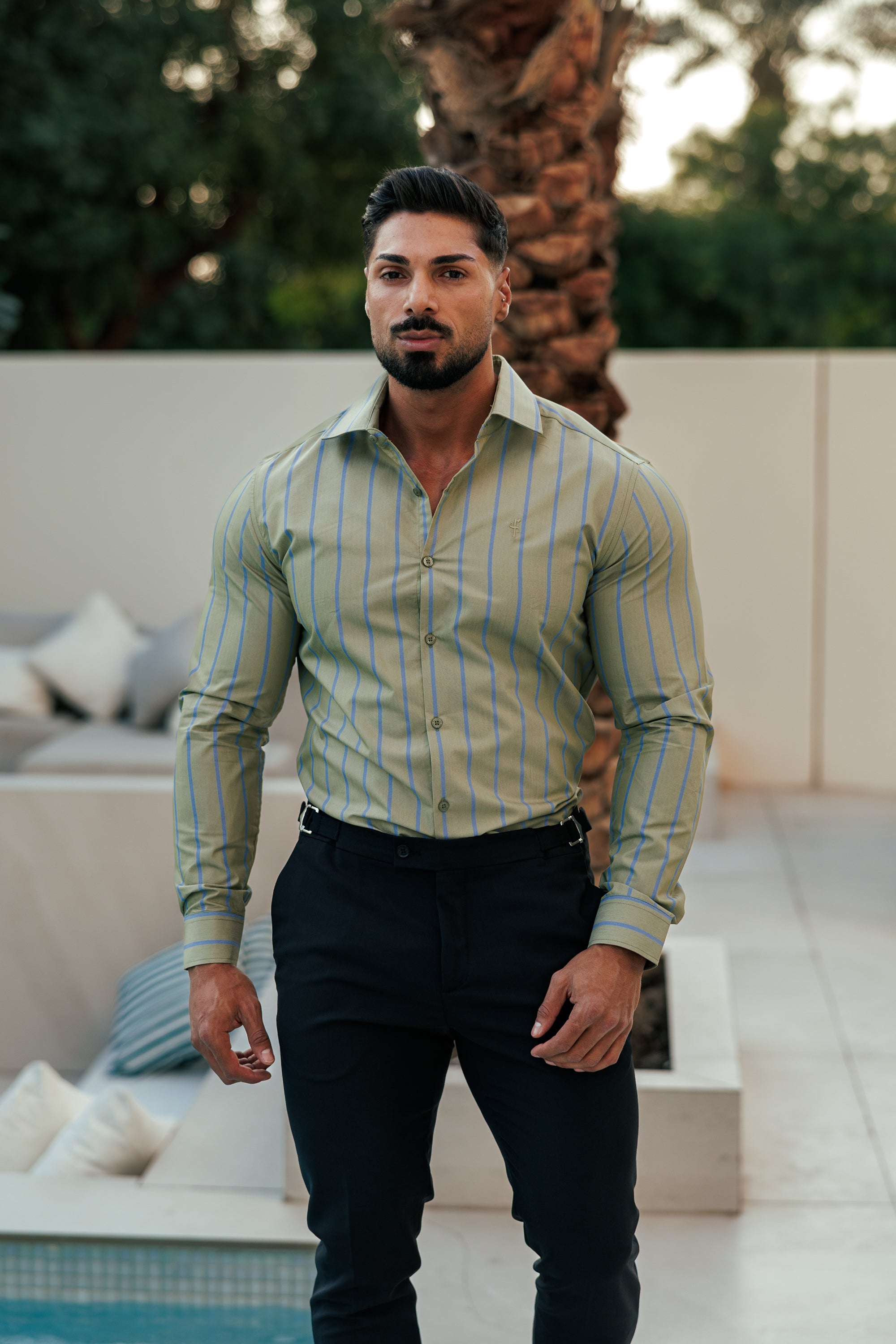 Klassisches grün/blau gestreiftes Langarmshirt mit Cutaway-Kragen - FS1179